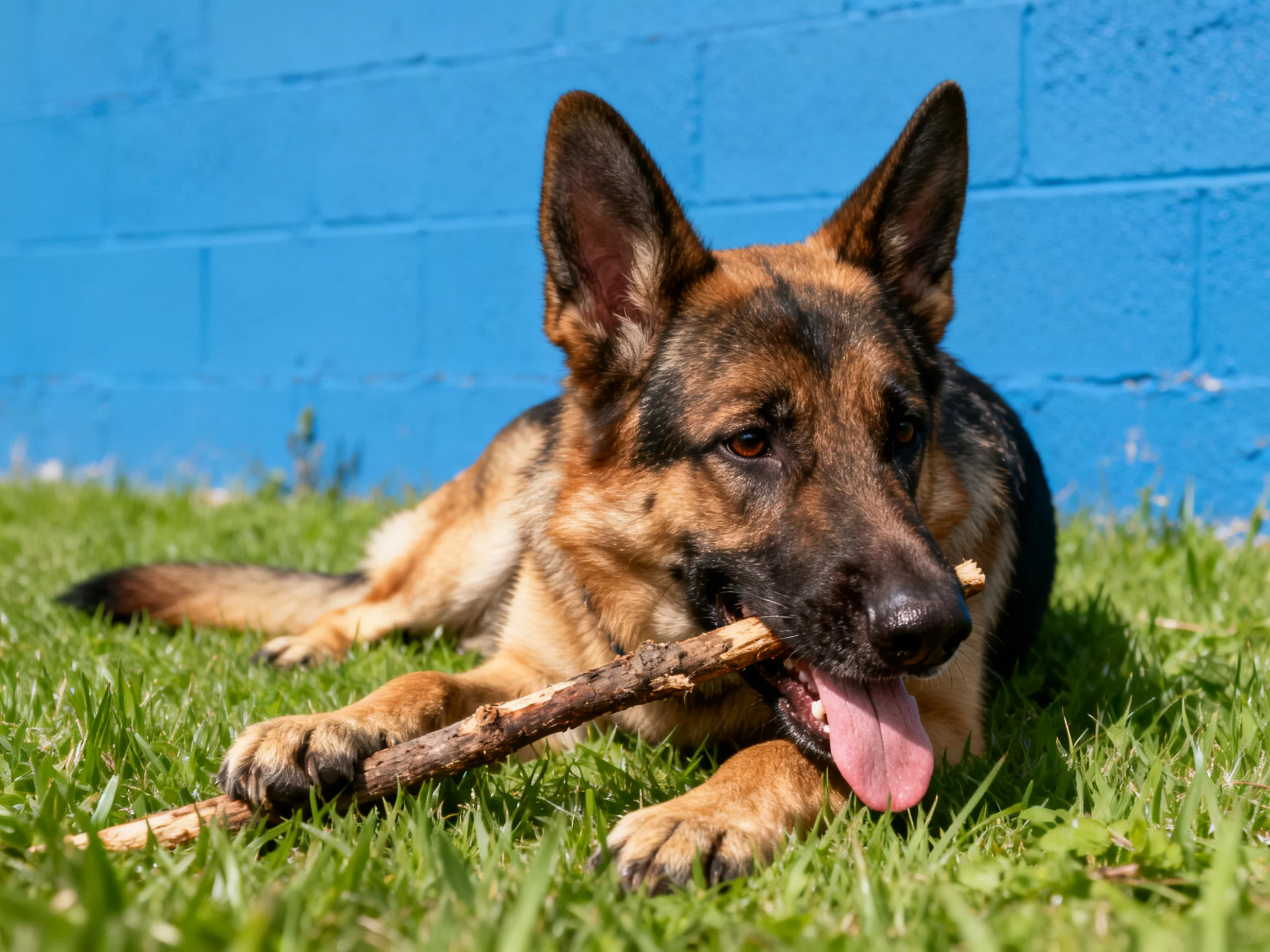 A German Shepherd plays with a stick on green grass beside a blue brick wall
