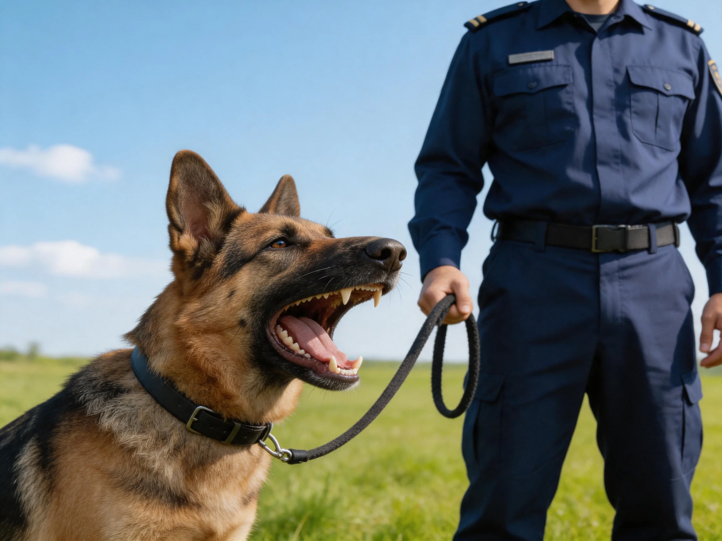 A German Shepherd police dog stands beside its handler in an open field.
