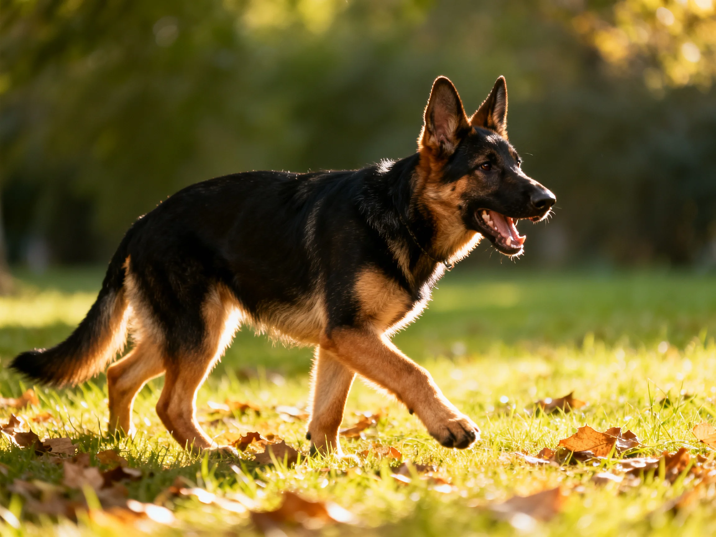 A German Shepherd puppy explores a sunlit grassy area with fallen leaves