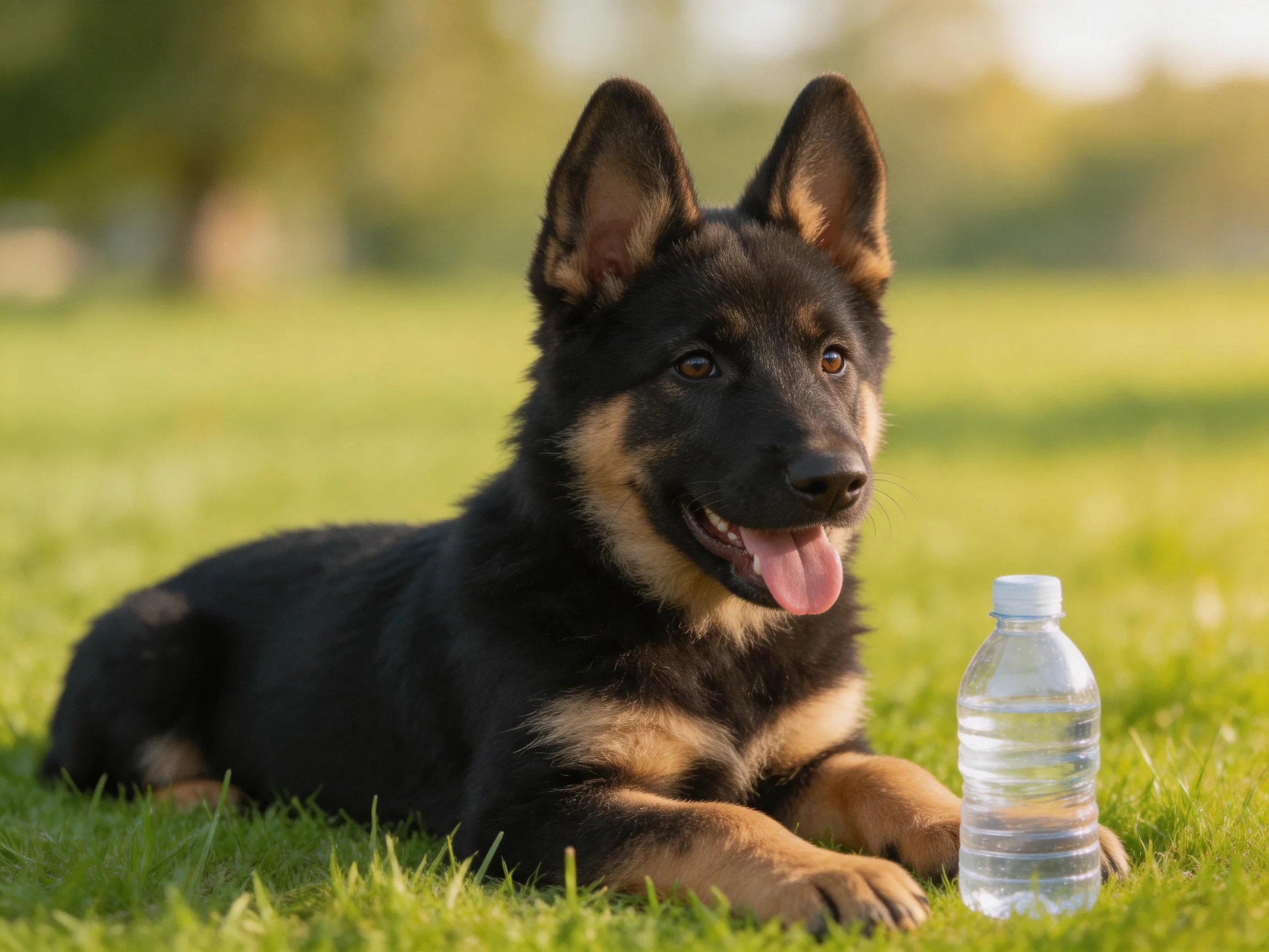 A German Shepherd puppy relaxes on grass beside a water bottle in a sunny outdoor area.