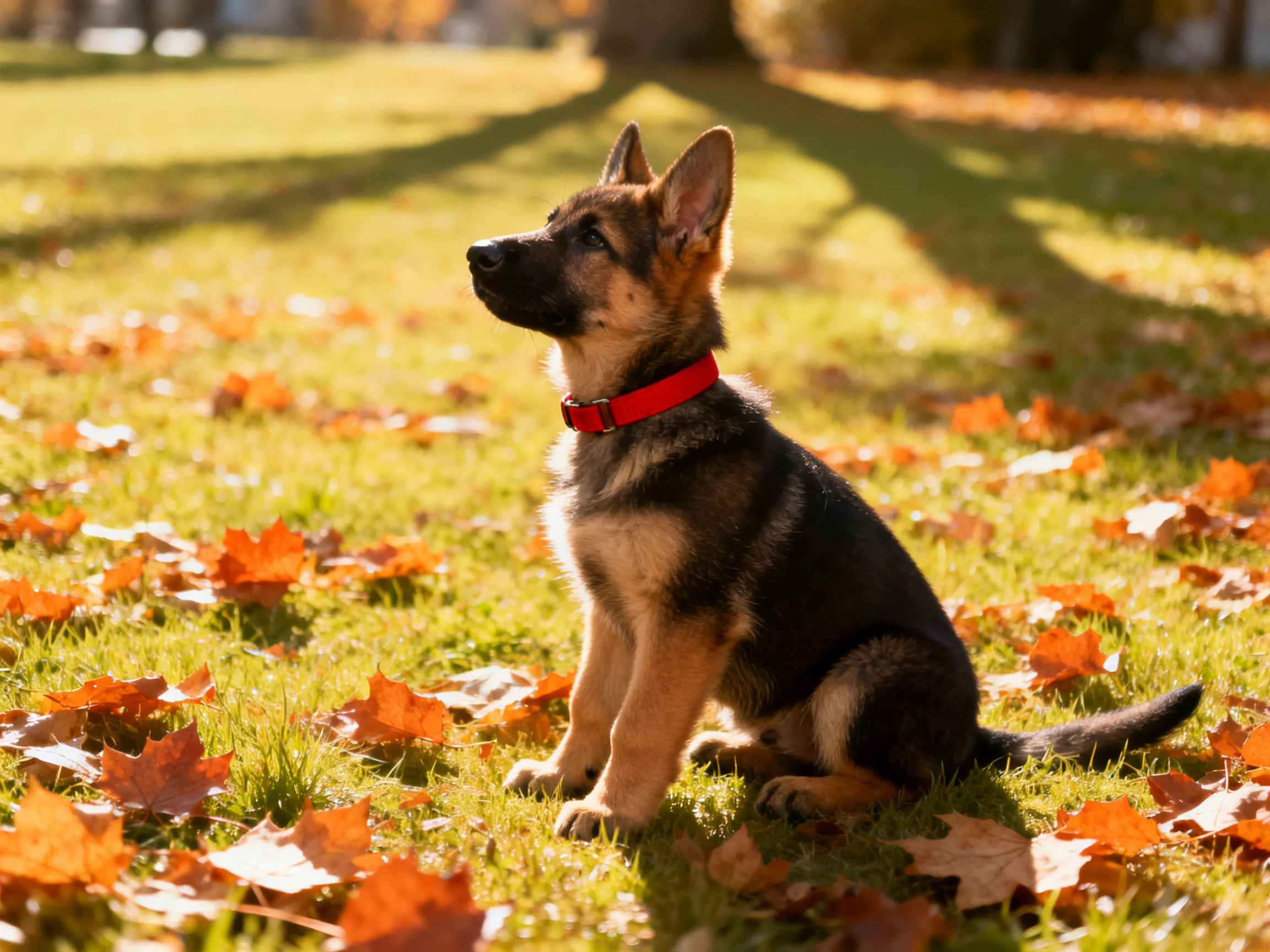 A German Shepherd puppy sits among fallen autumn leaves in a sunlit area.