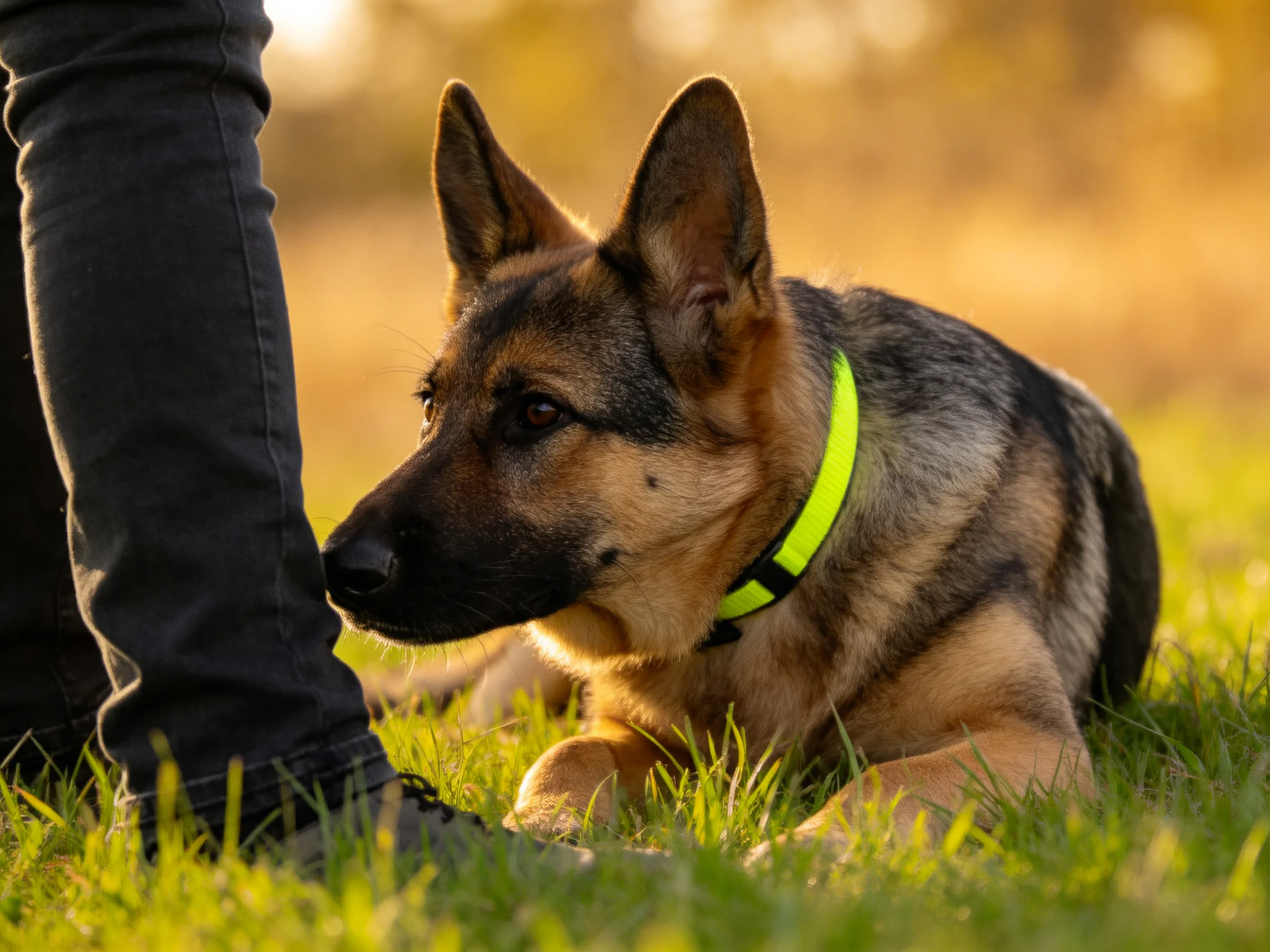 A German Shepherd puppy lies near a persons leg on grass in a sunlit setting.