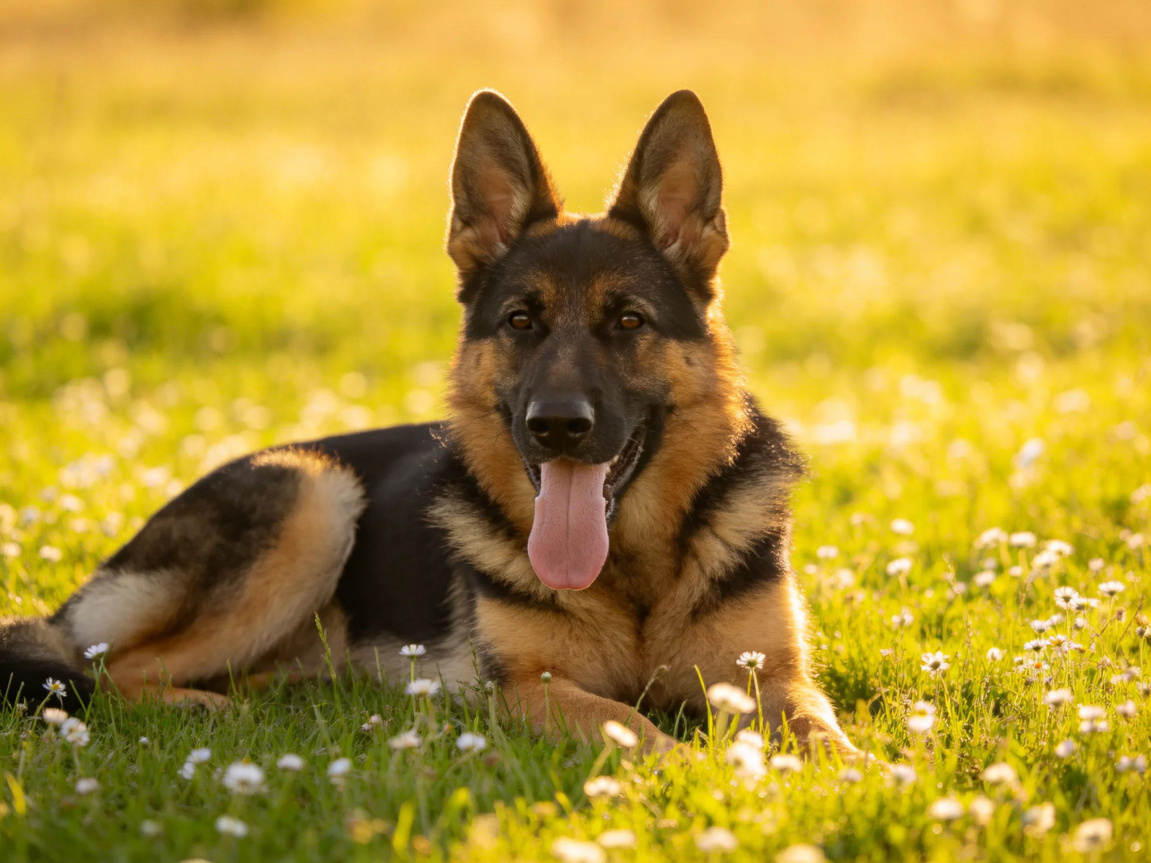 A German Shepherd relaxes on a flower-dotted sunlit meadow