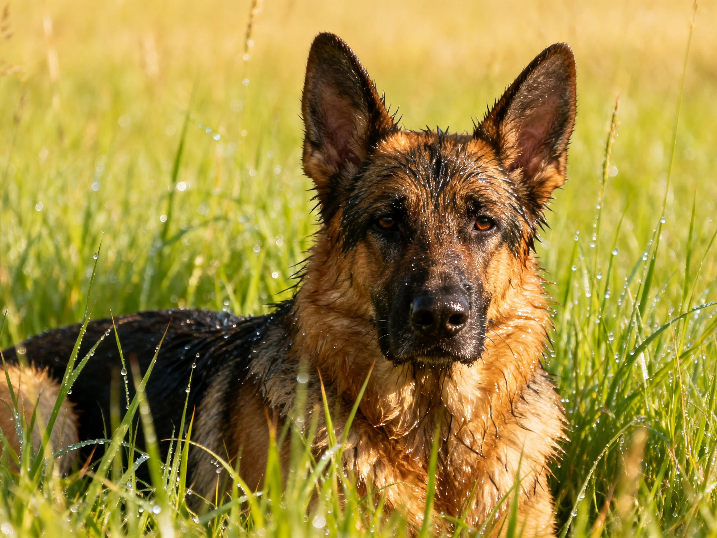 A German Shepherd rests amid tall dewy green grass under bright sunlight
