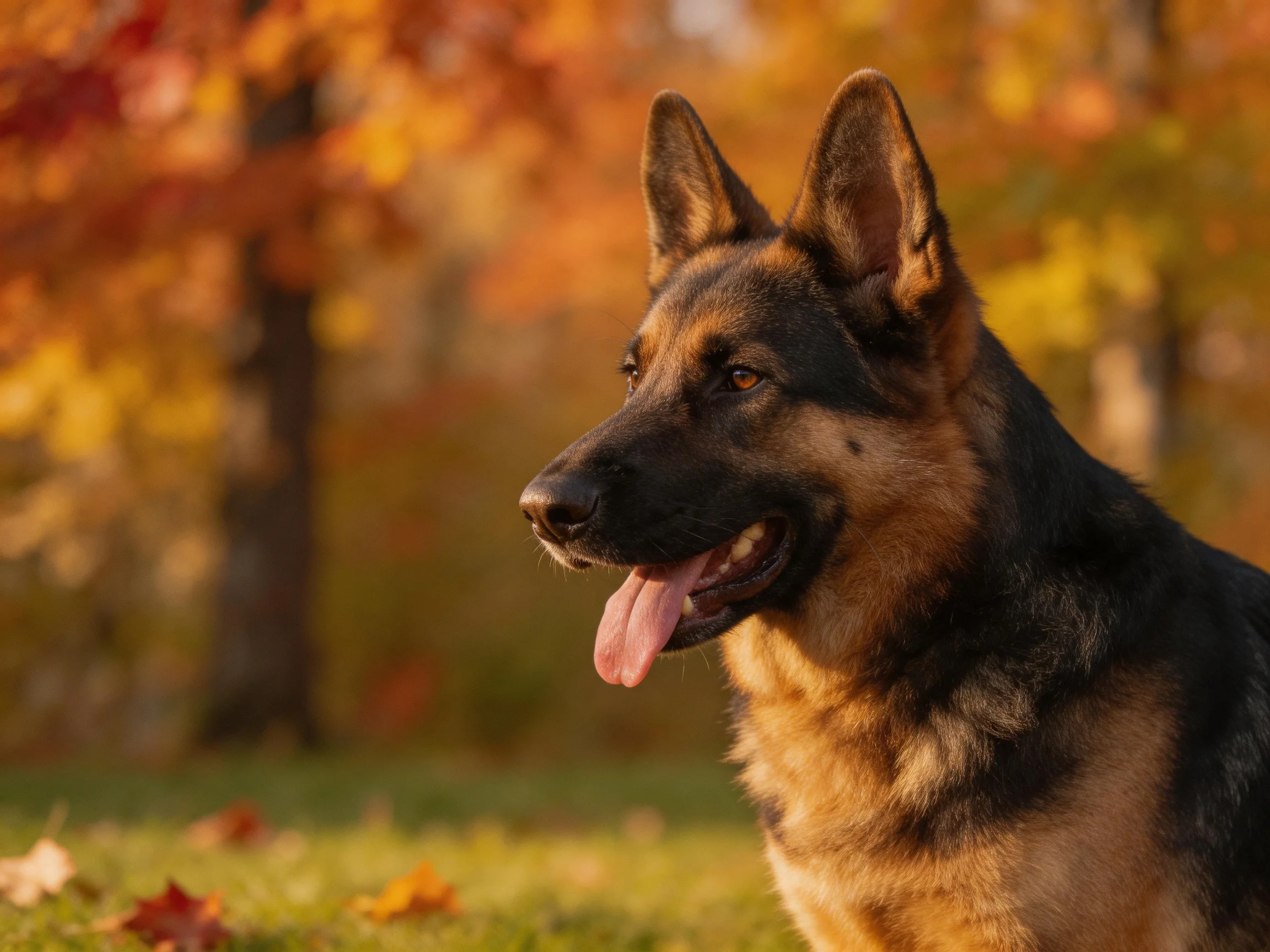 A German Shepherd relaxes near colorful autumn trees in a sunlit area.