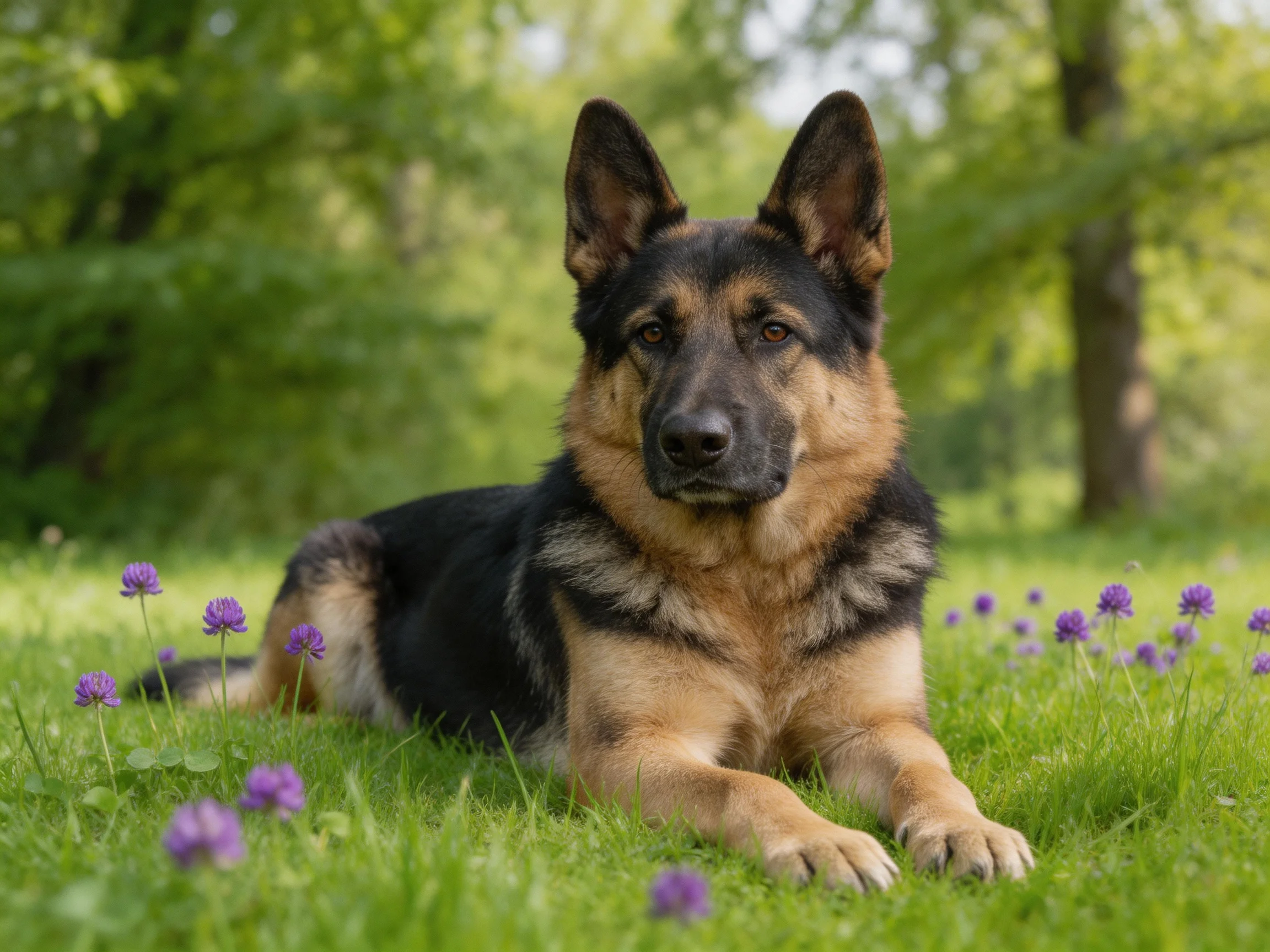 A German Shepherd lies calmly on lush green grass surrounded by purple flowers in an outdoor setting.