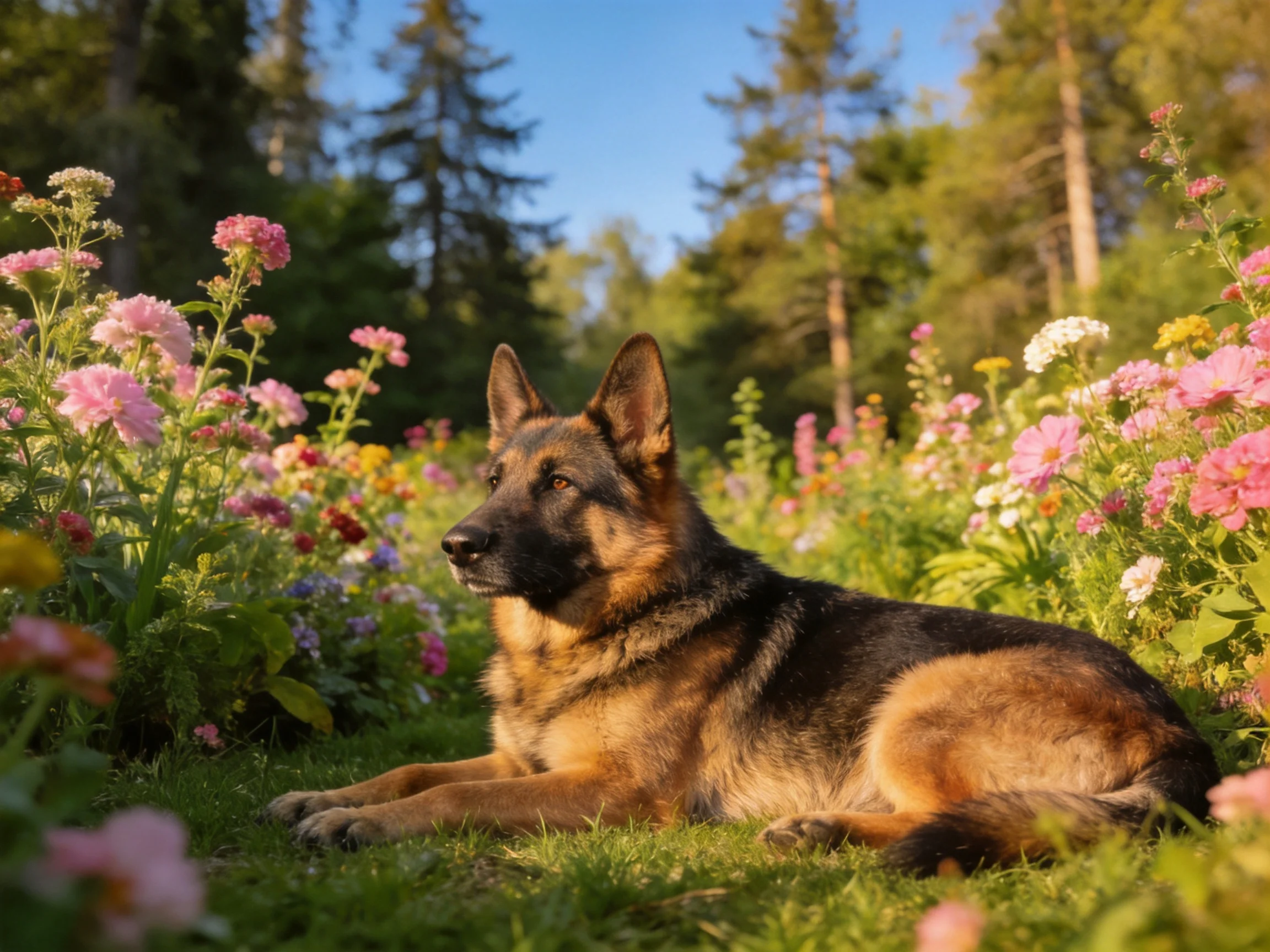 A German Shepherd lies calmly among colorful flowers in a bright outdoor setting.