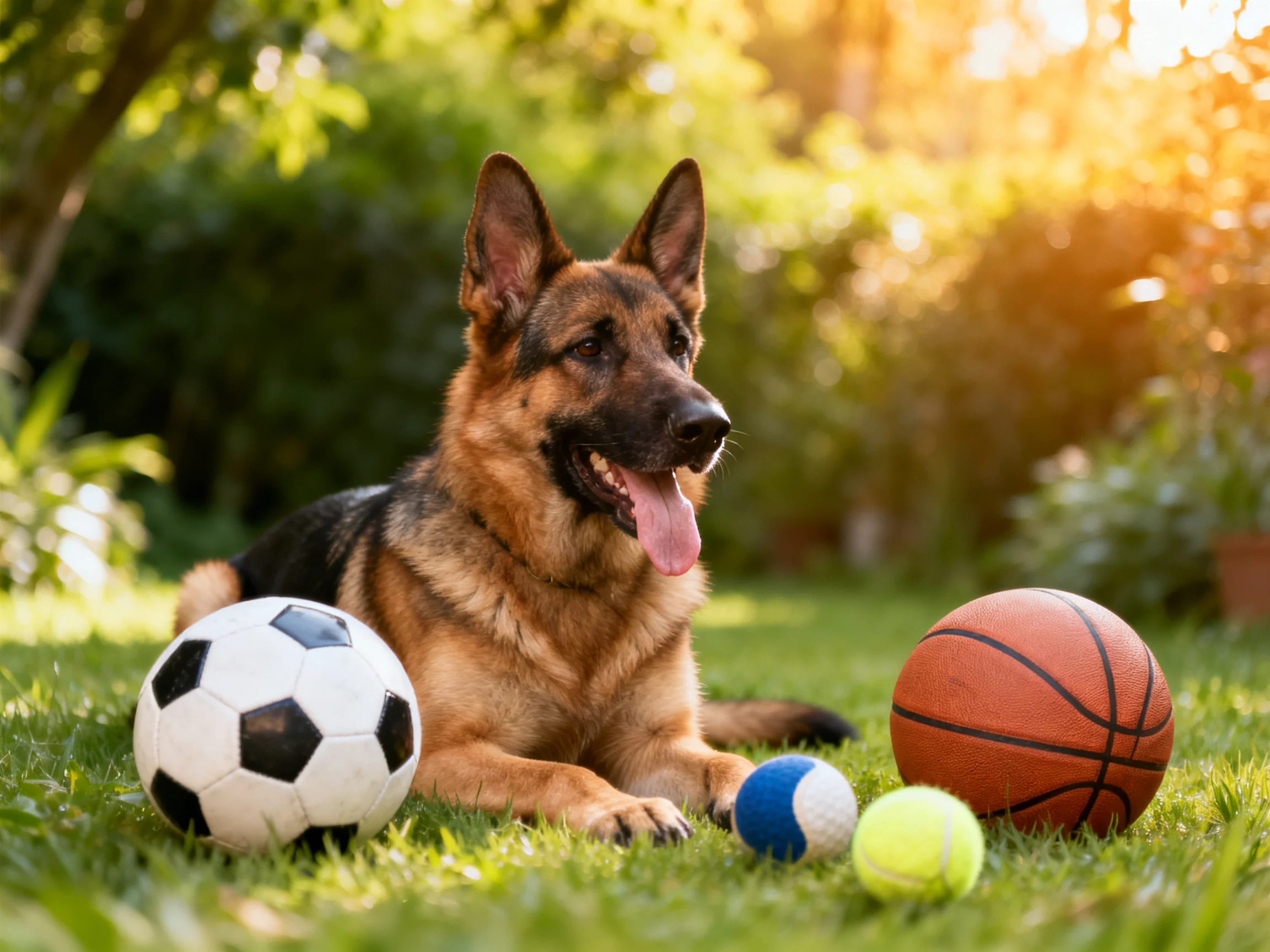 A German Shepherd lies near multiple sports balls on a grassy lawn.