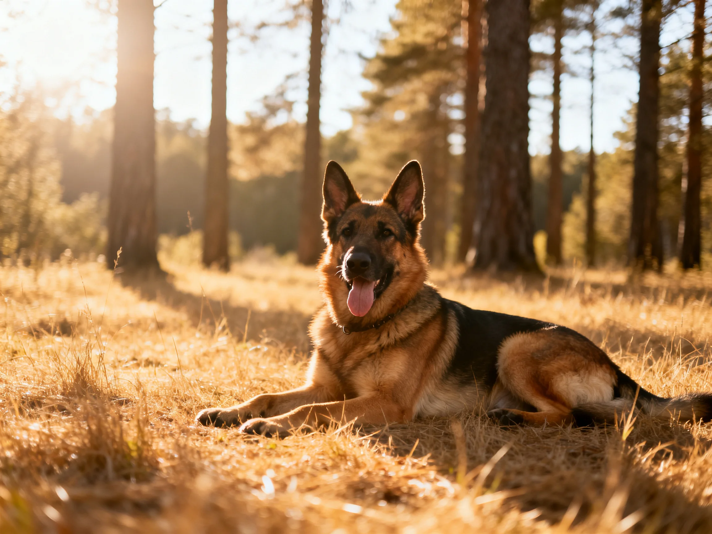 A German Shepherd relaxes in a sunlit forest clearing with tall trees nearby.