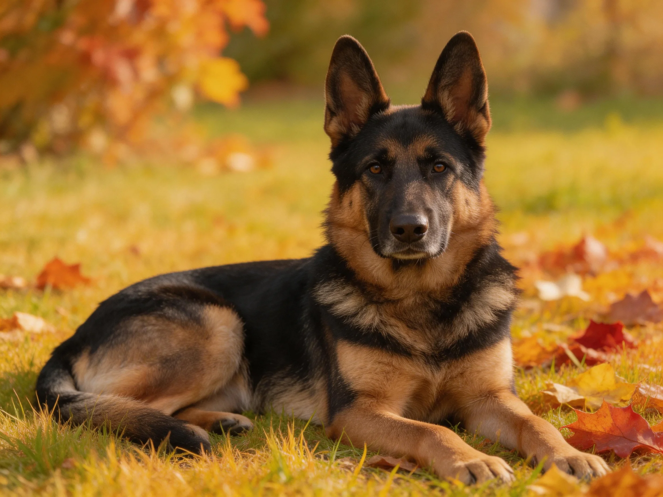 A German Shepherd lies among autumn leaves in a sunlit outdoor area.