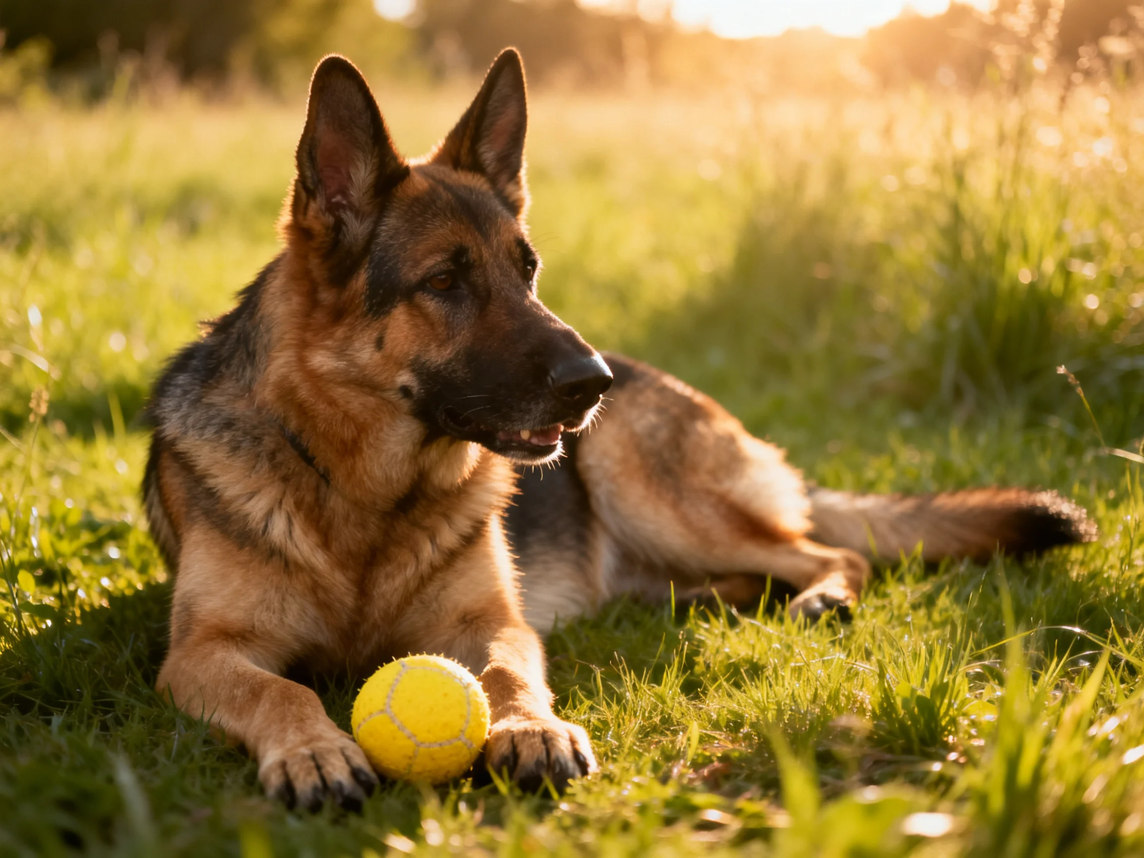 A German Shepherd lies near a yellow tennis ball in a sunlit grassy area.