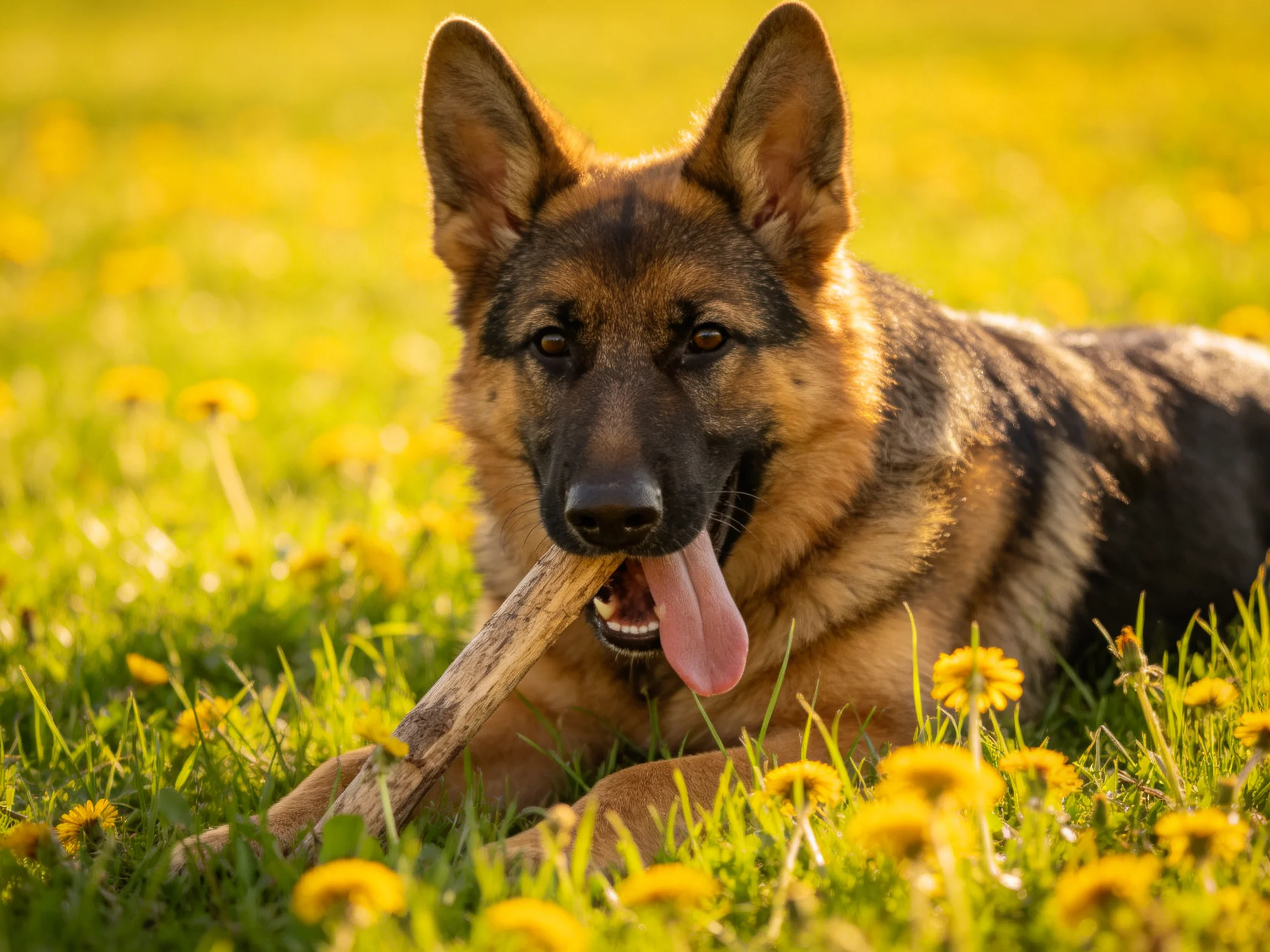 A German Shepherd relaxes in a flowered meadow with a wooden toy.