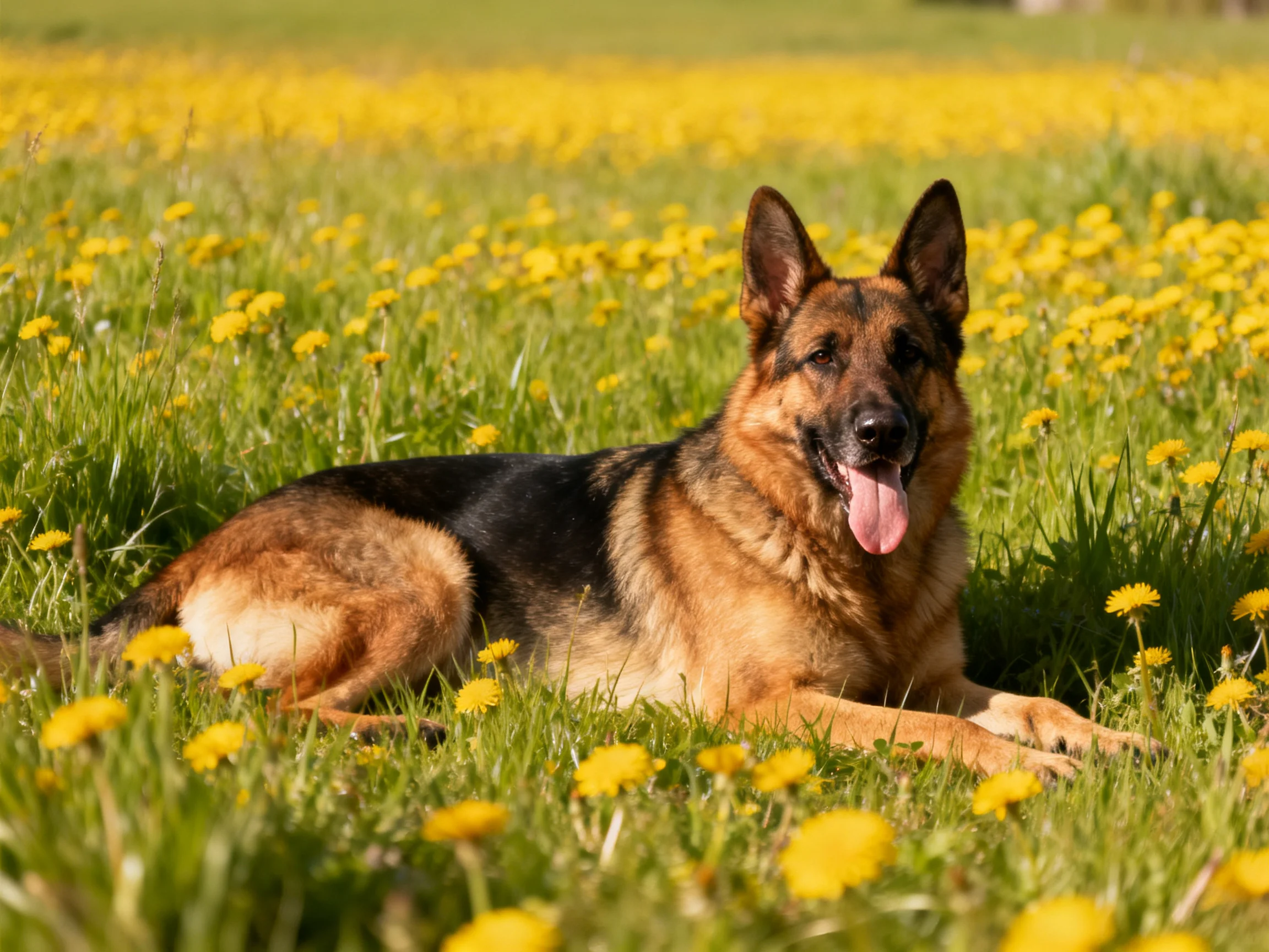 A German Shepherd relaxes in a sunlit field of yellow dandelions.