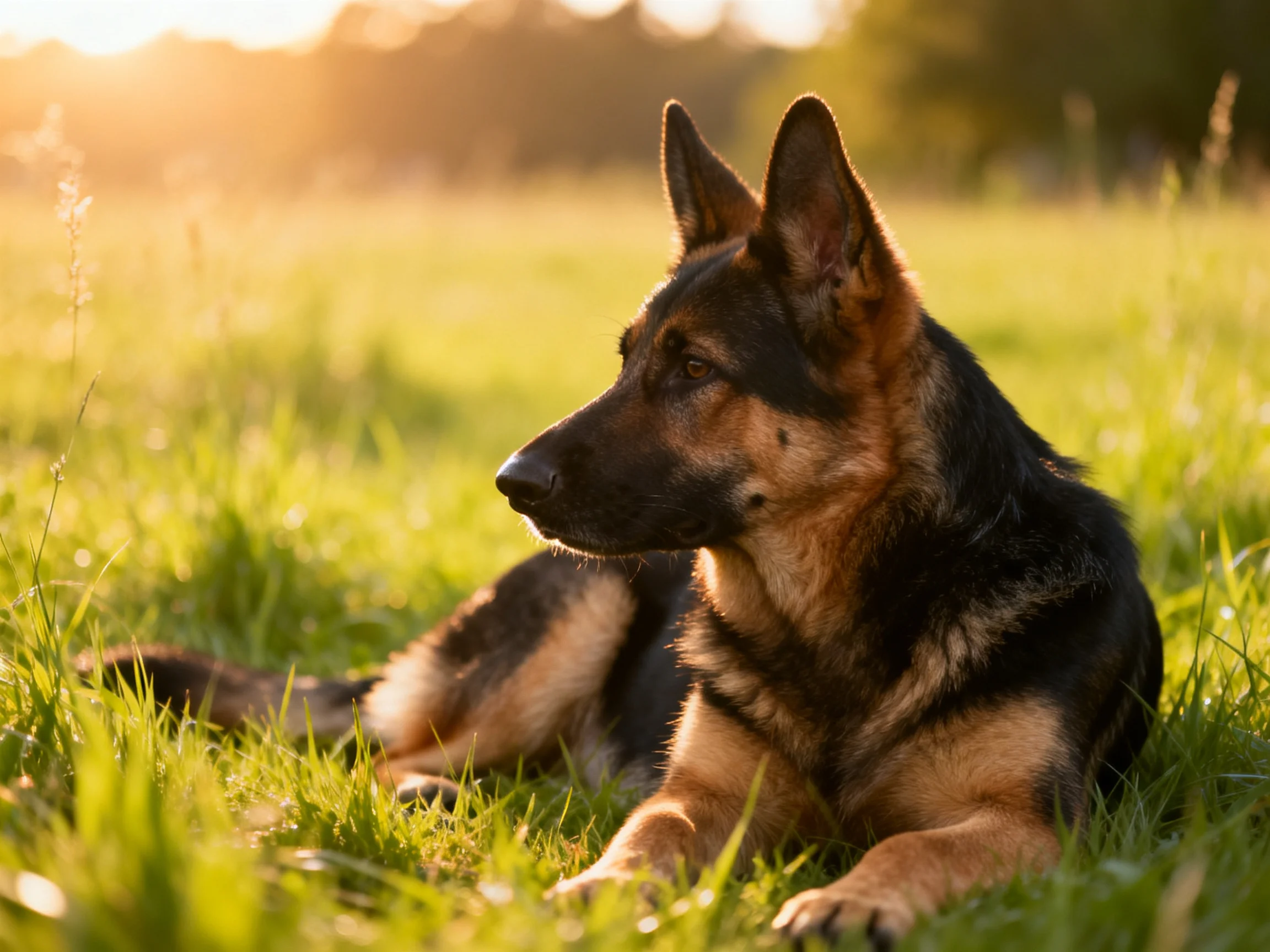 A German Shepherd lies calmly in a sunlit grassy field.