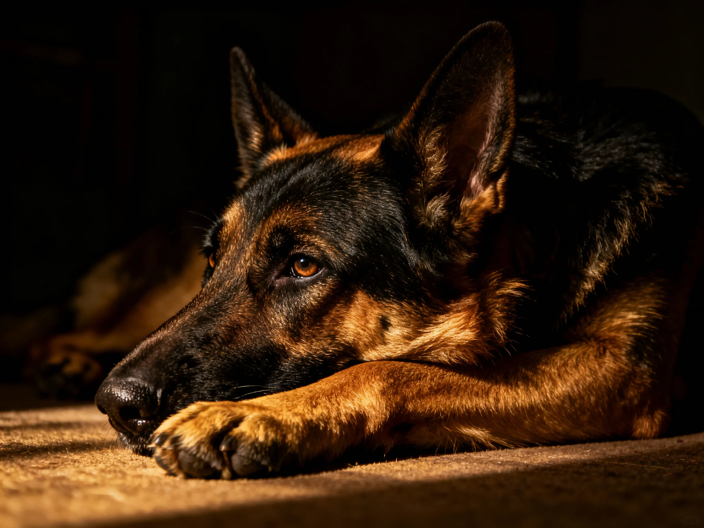 A German Shepherd rests in dramatic lighting with dark and tan fur