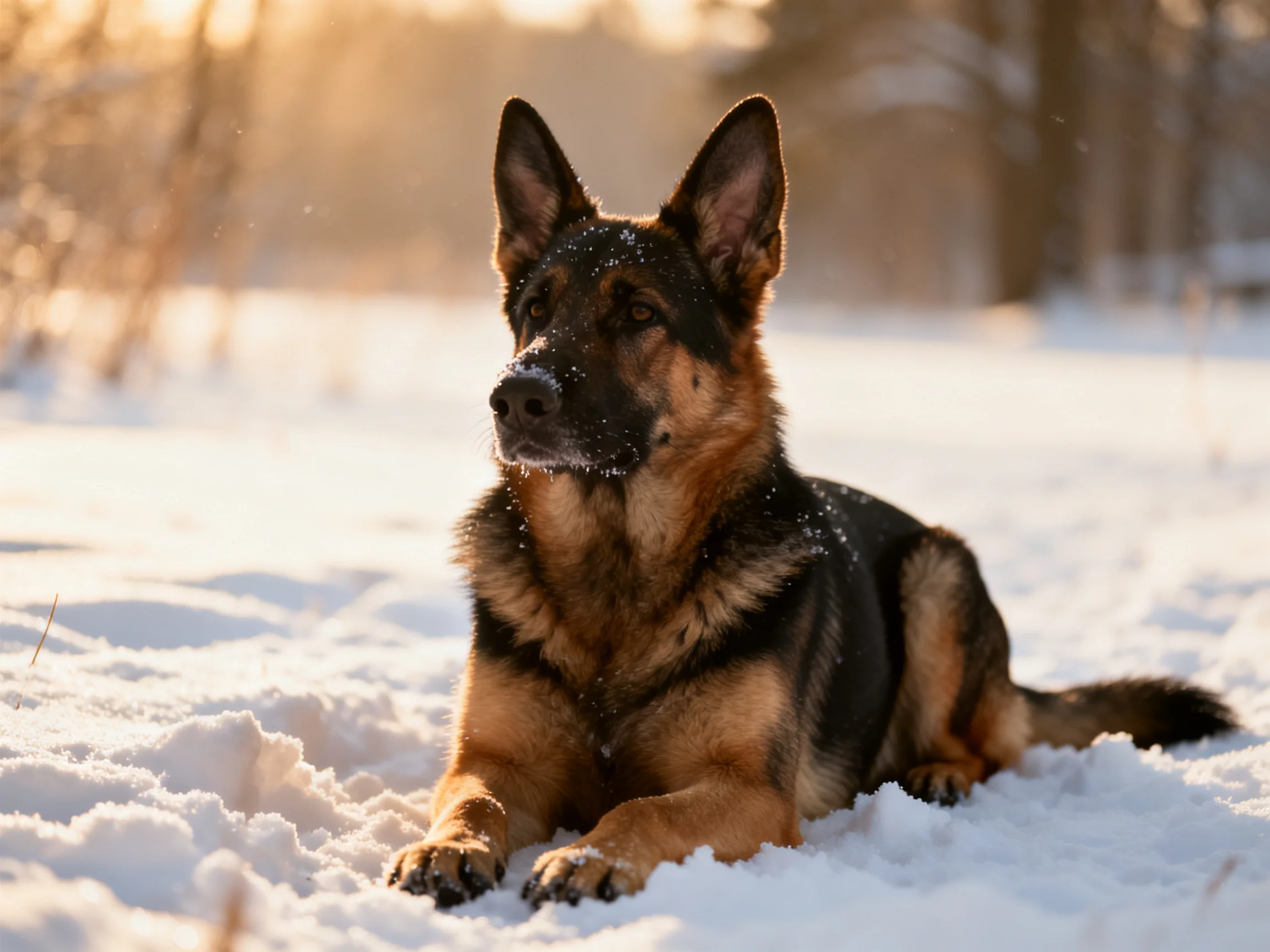 A German Shepherd rests in snowy terrain under golden light