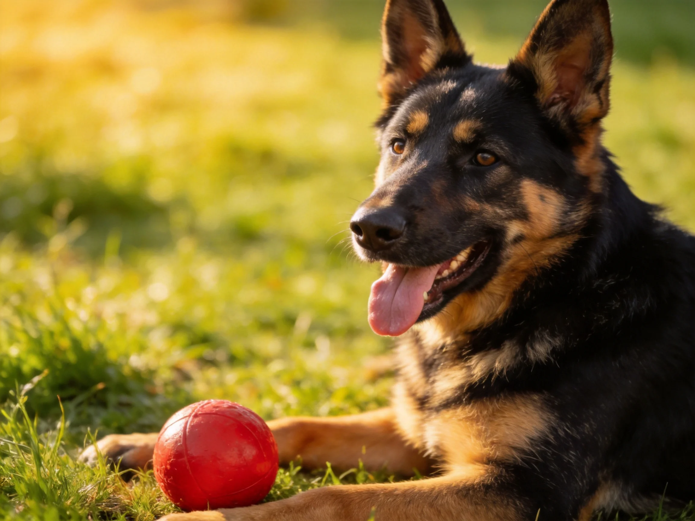 A German Shepherd rests near a bright red ball on sunlit grass