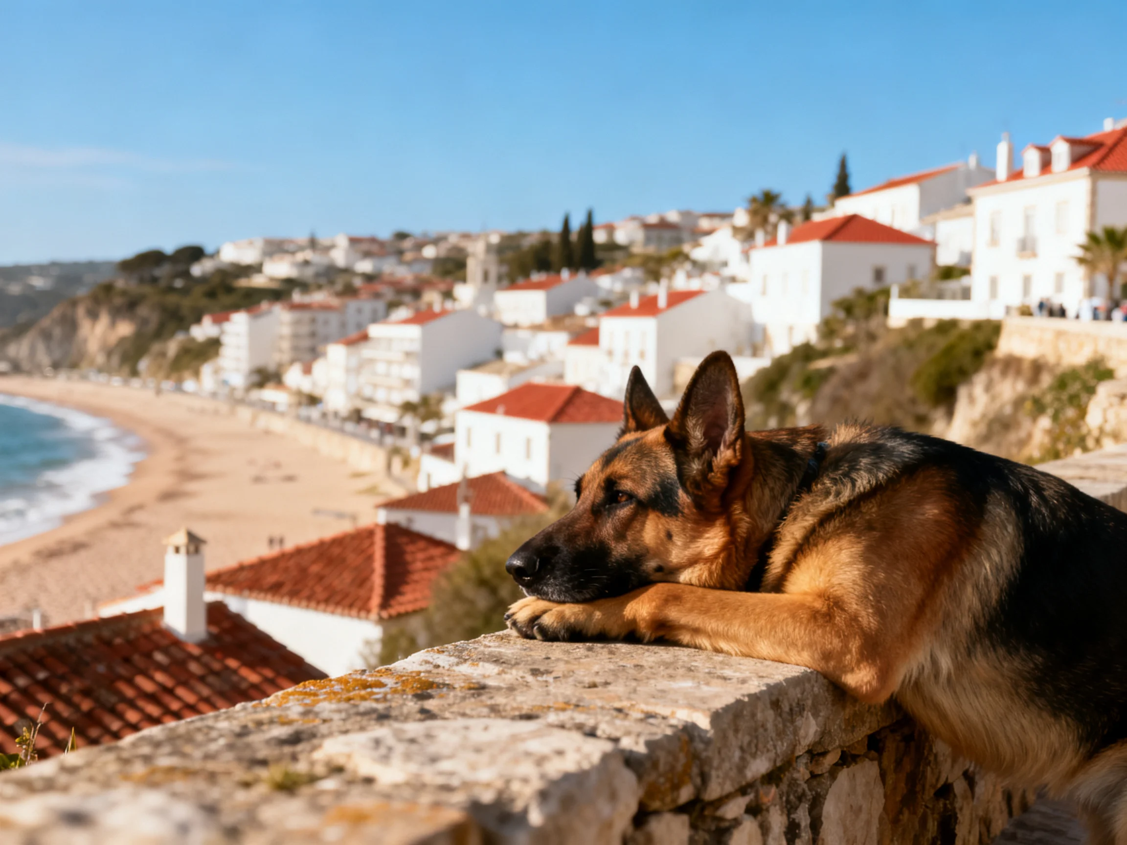 A German Shepherd rests near a coastal village with white houses and red roofs