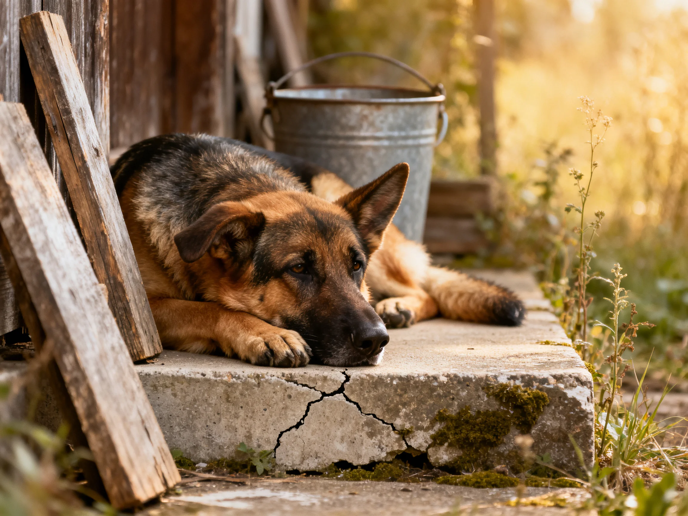 A German Shepherd lies on a cracked concrete step beside a metal bucket outdoors.