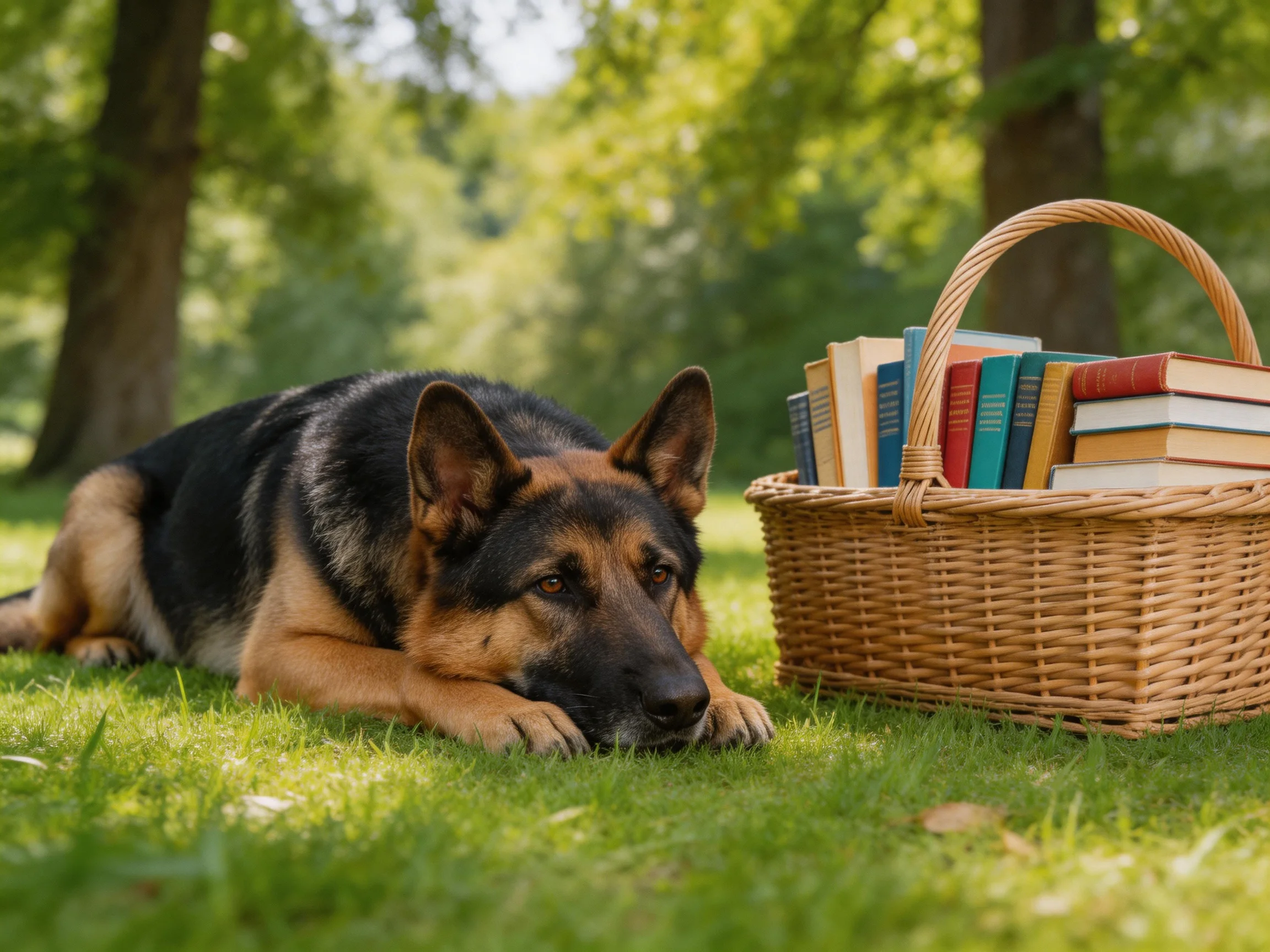 A German Shepherd rests near a wicker basket filled with colorful books in a sunlit park