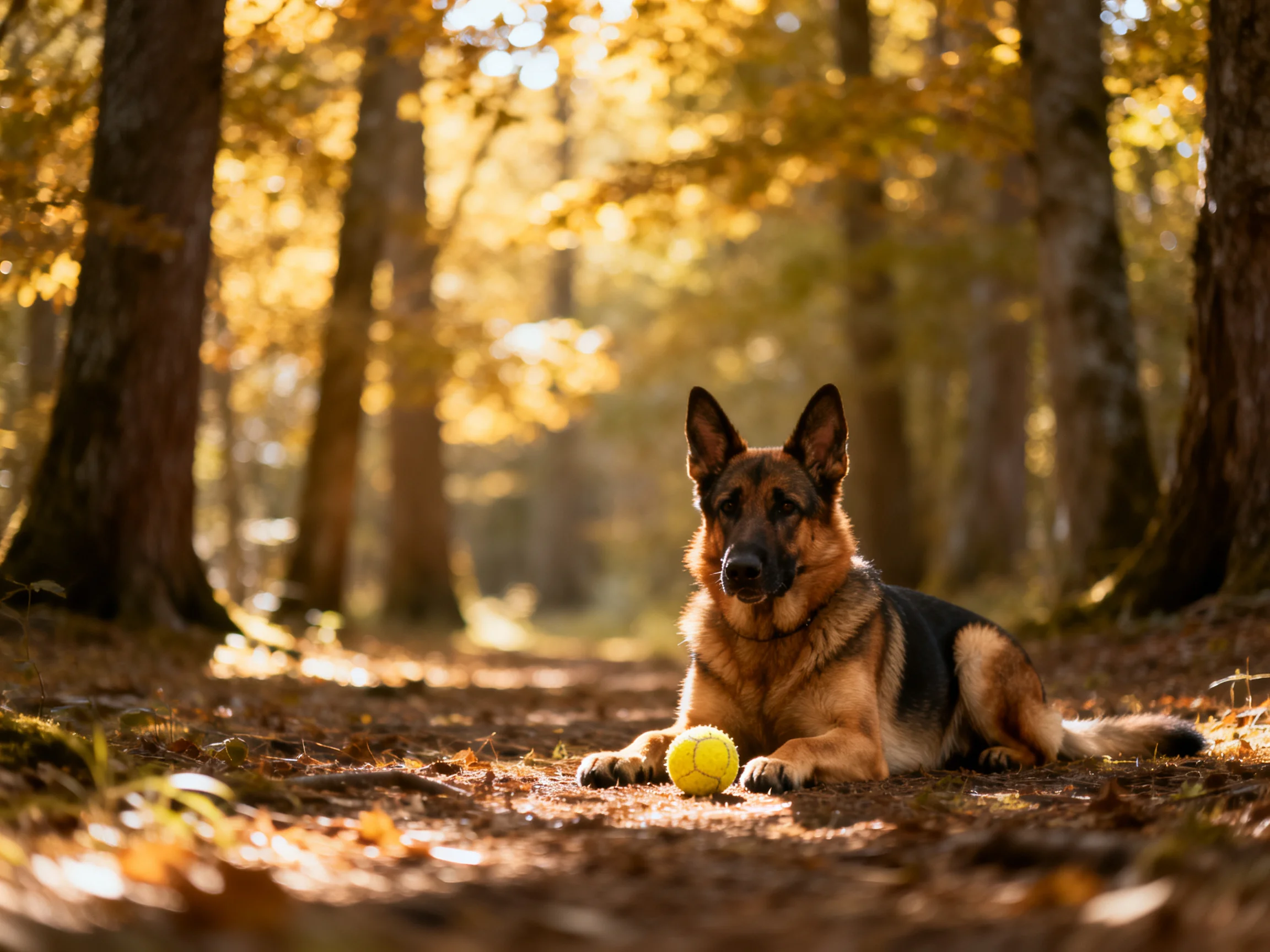 A German Shepherd lies next to a tennis ball in a sunlit forest