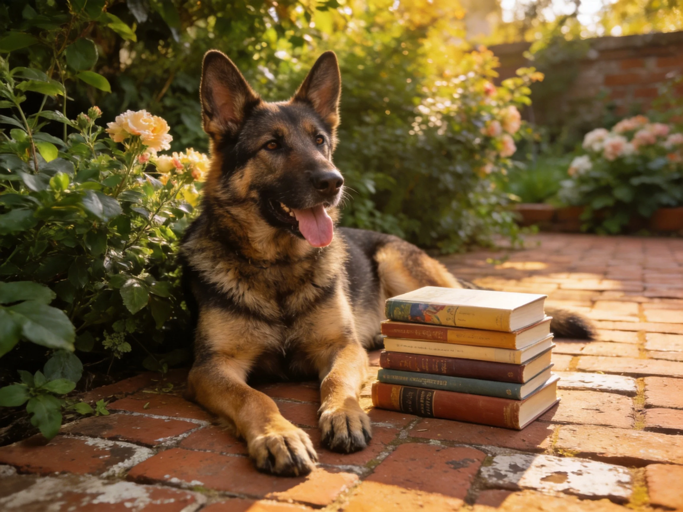 A German Shepherd lies beside stacked books in a sunlit garden.