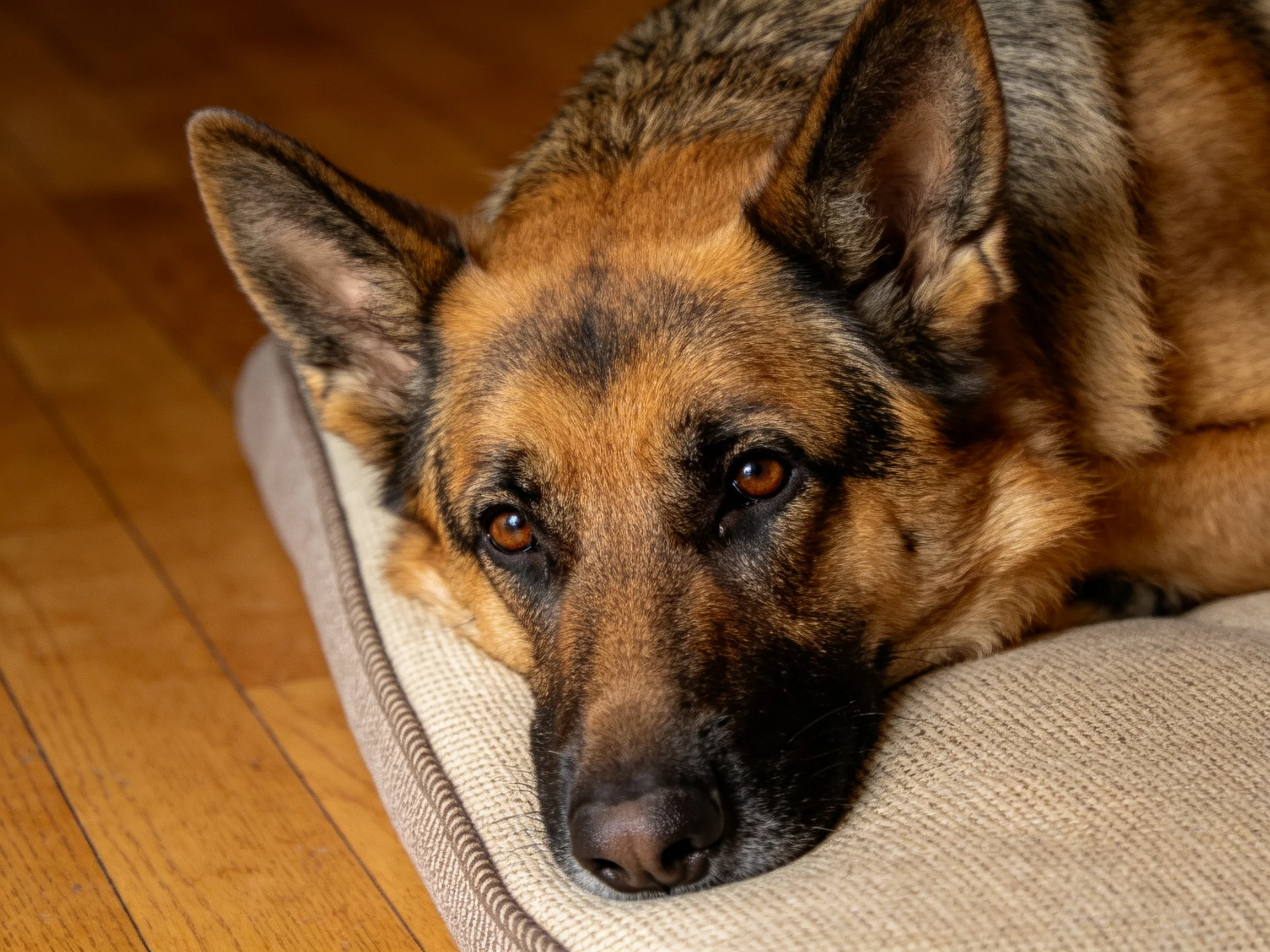 A German Shepherd relaxes on a cushion in a room with wooden flooring.