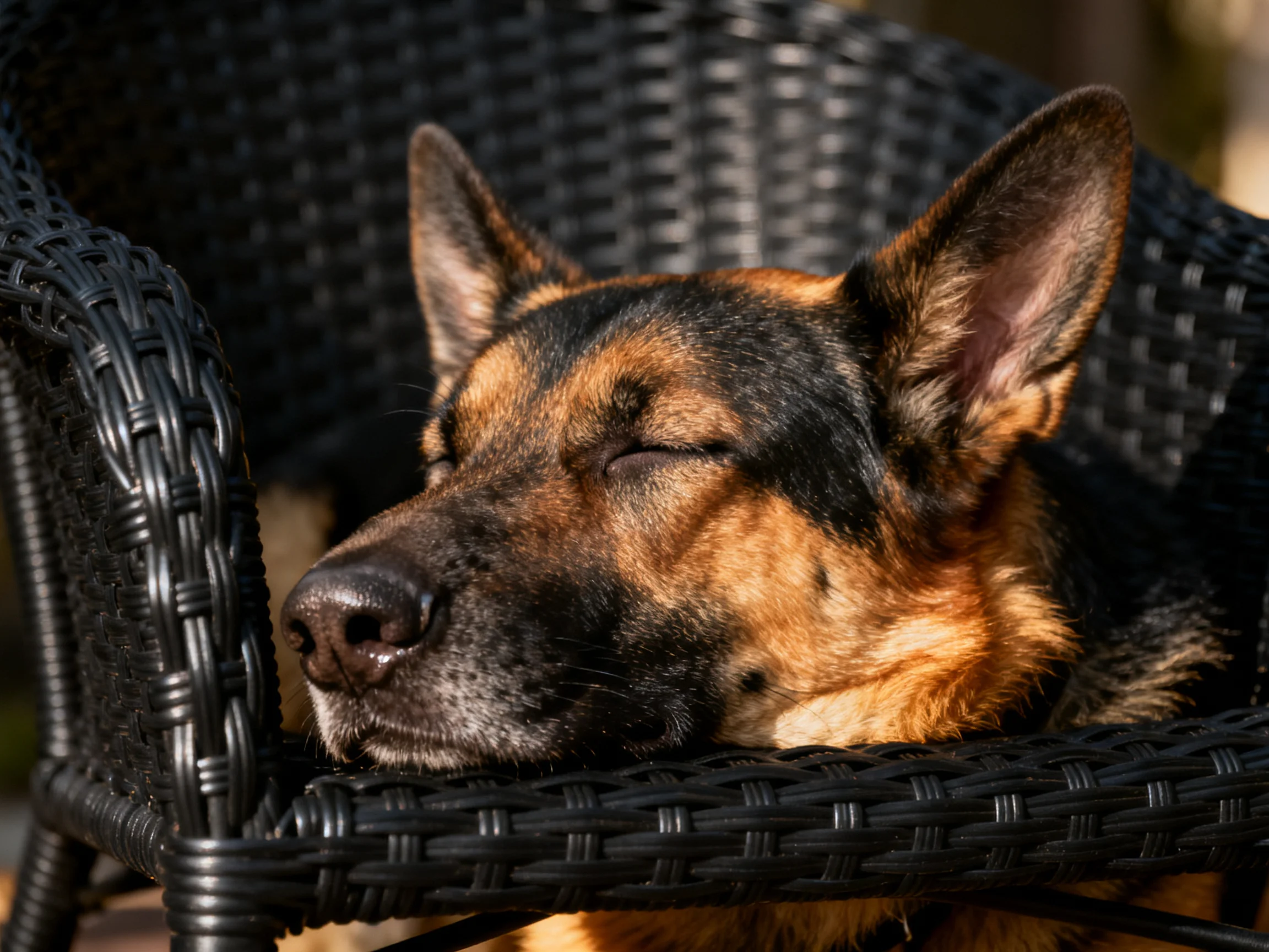 A German Shepherd sleeps on a black wicker chair in sunlight.