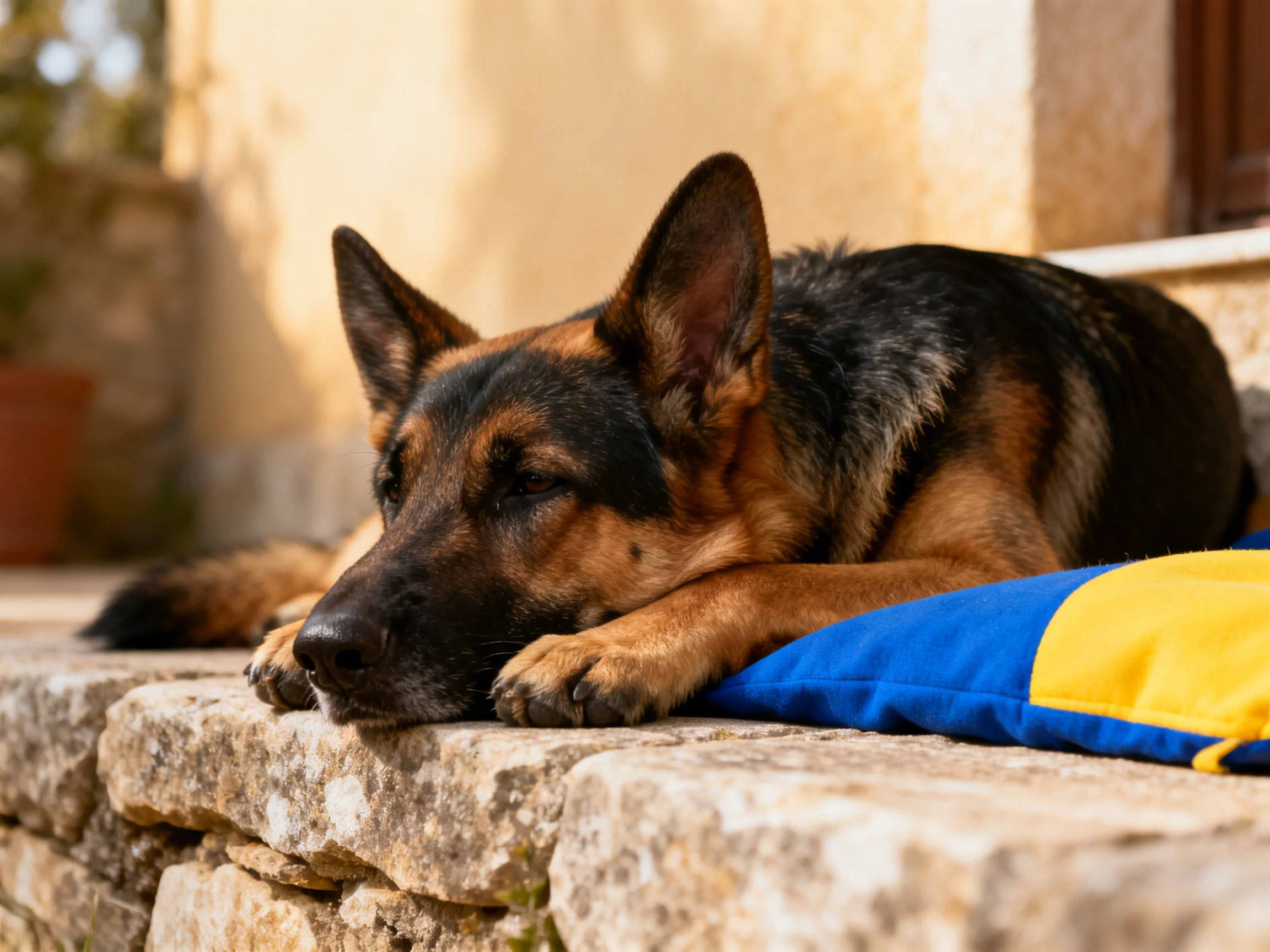 A German Shepherd relaxes on a colorful pillow near a stone structure.