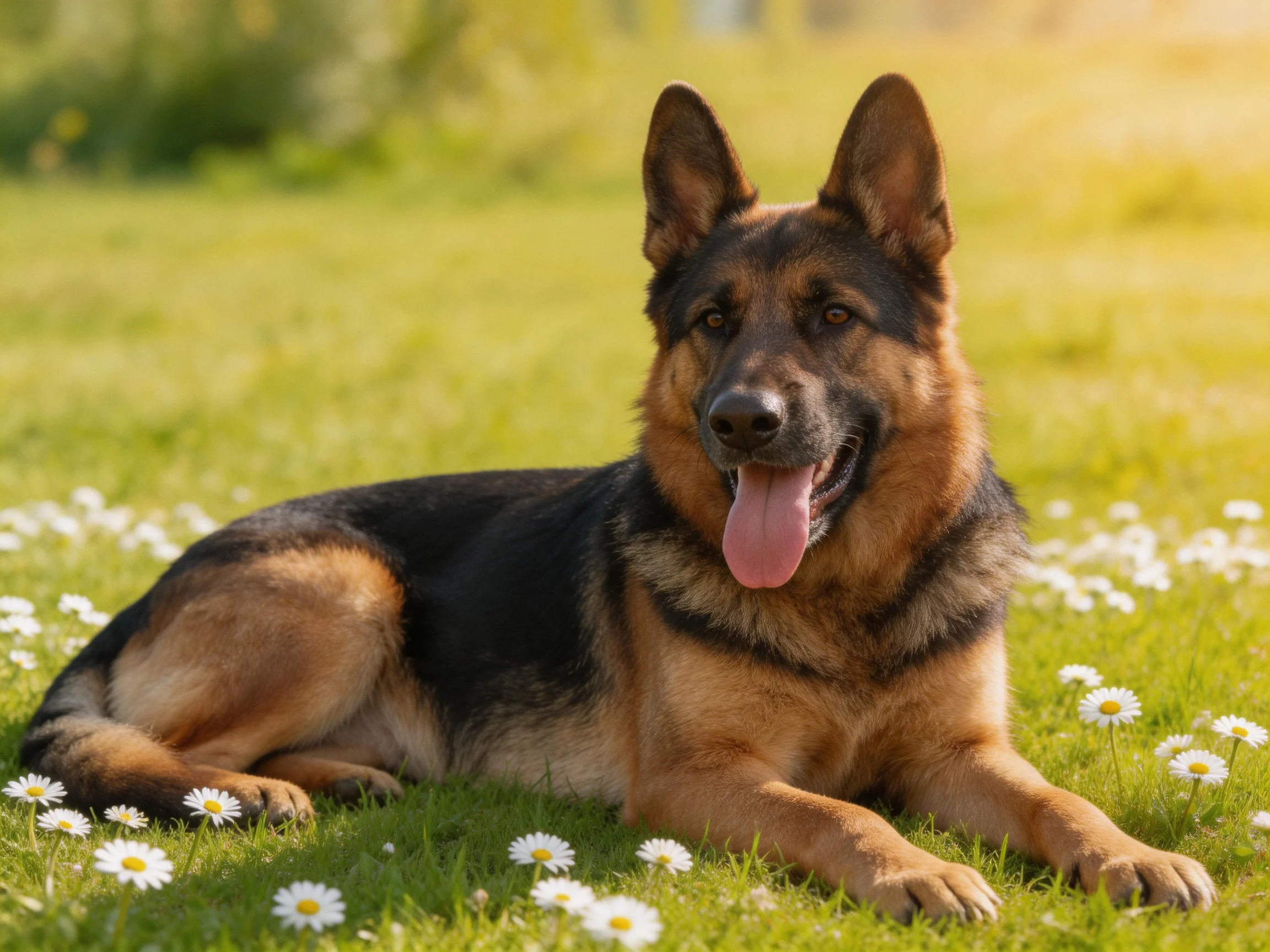 A German Shepherd relaxes among daisies in a sunlit grassy area.
