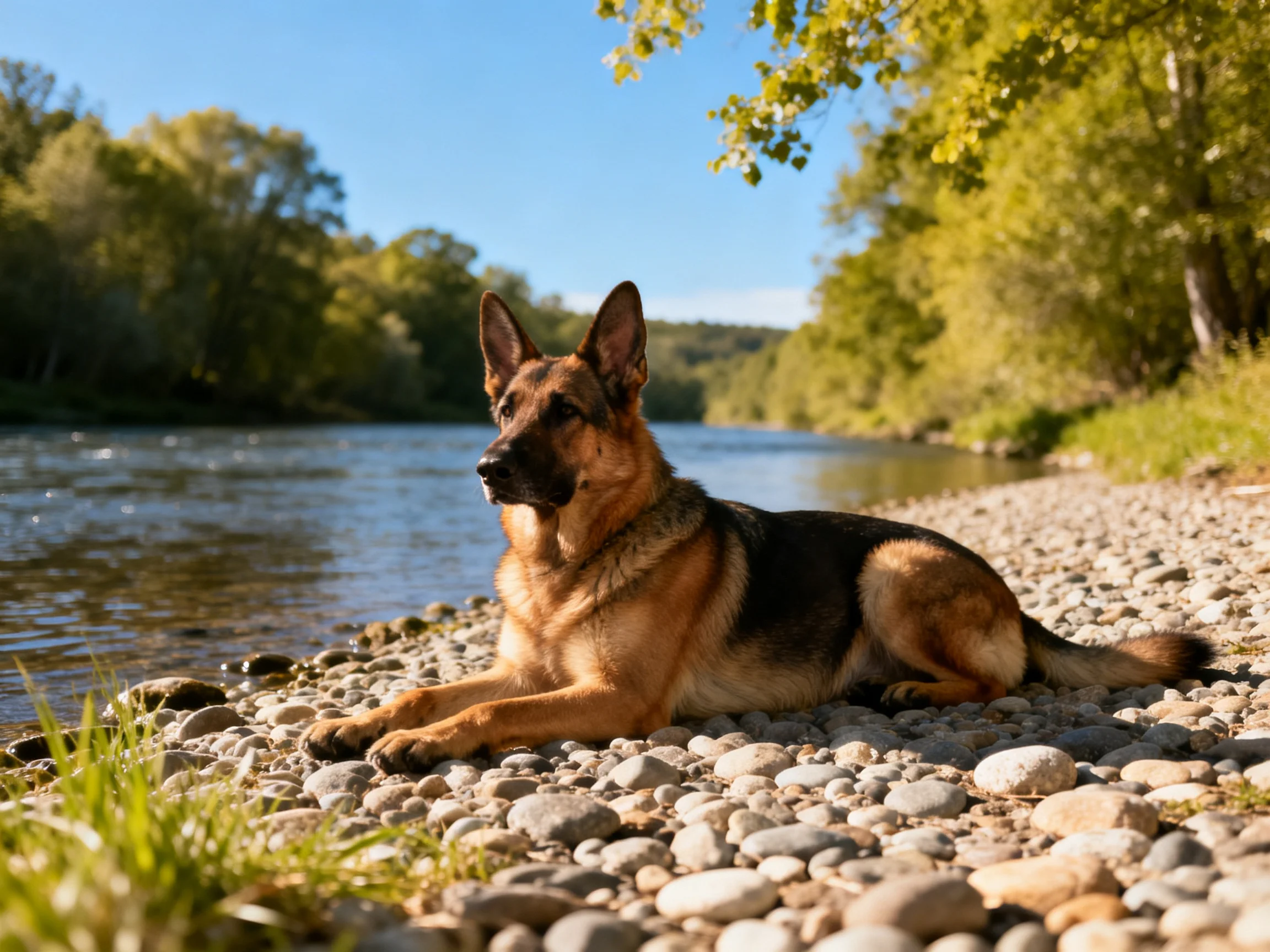 A German Shepherd rests on a pebbly riverbank near lush trees