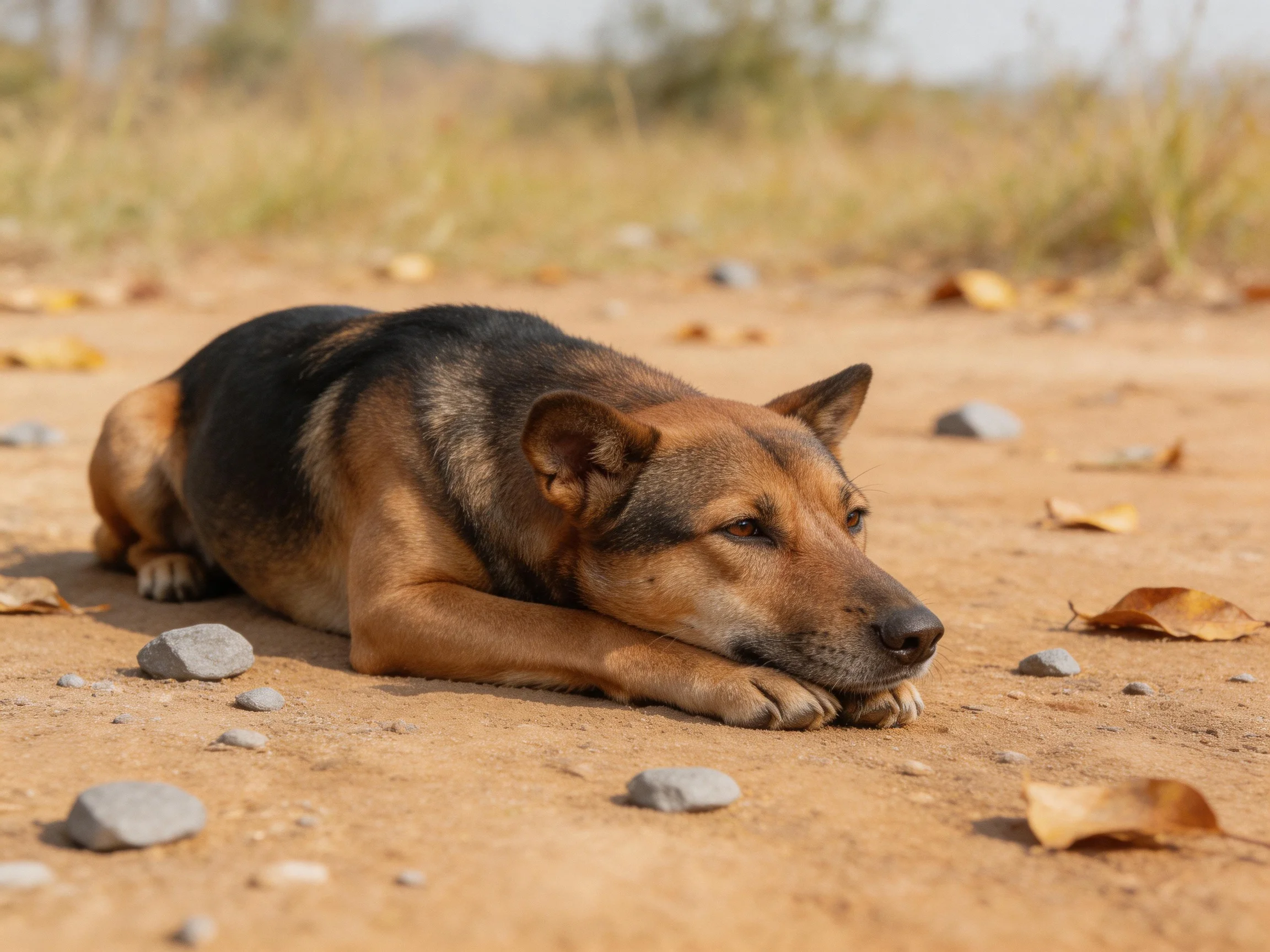 A German Shepherd rests on a sandy path amid scattered rocks and dry leaves.