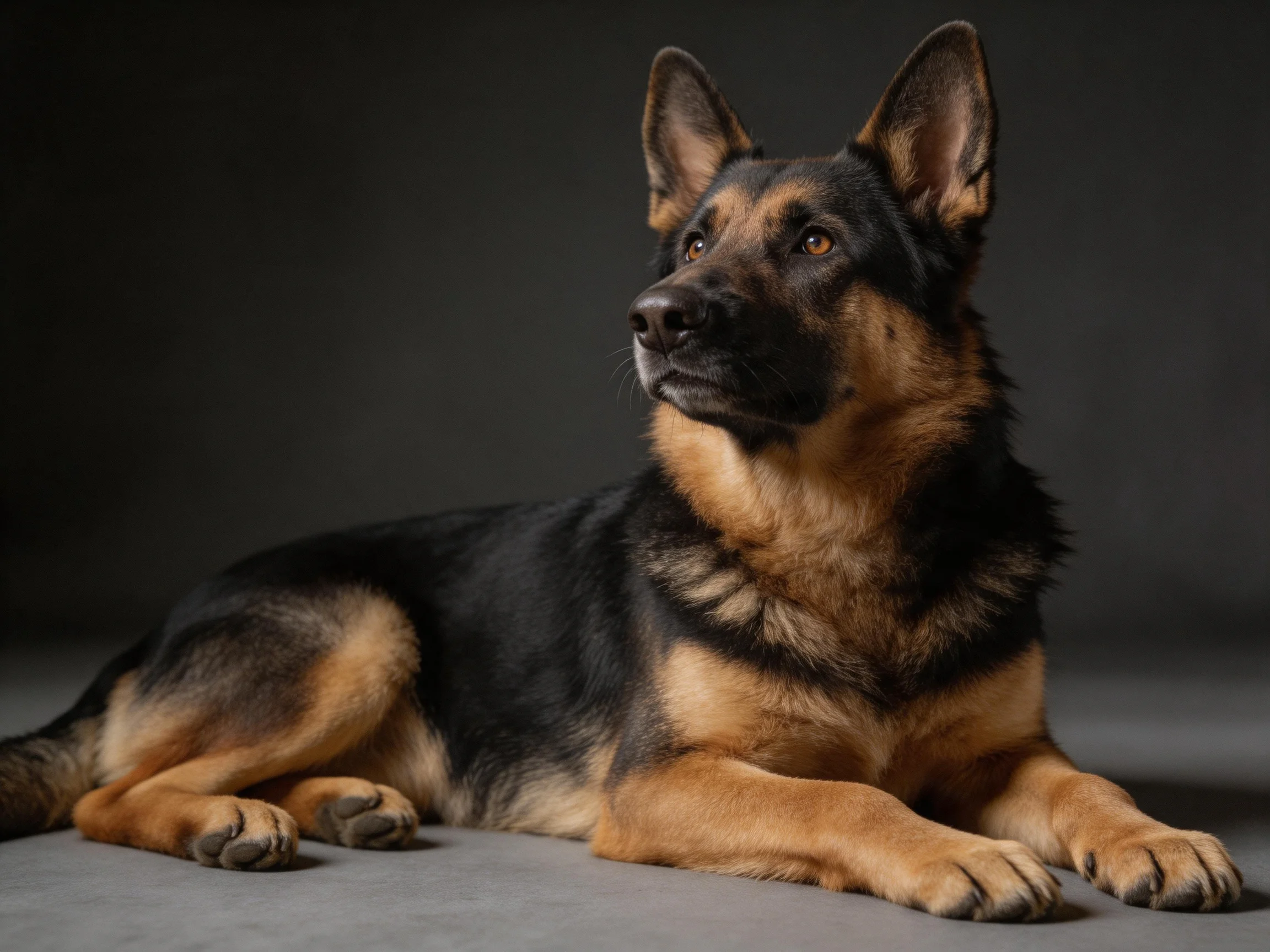 A German Shepherd lies calmly on a smooth gray surface.