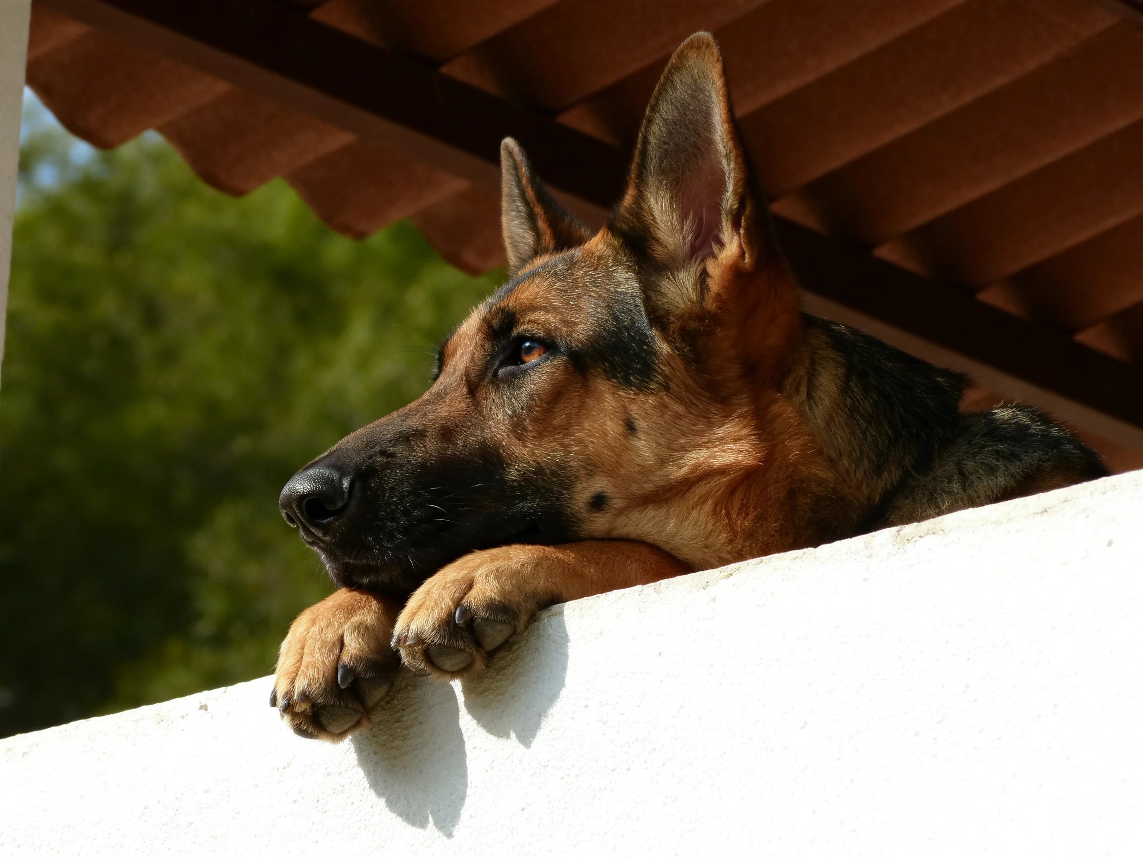 A German Shepherd rests on a white ledge while observing its surroundings.