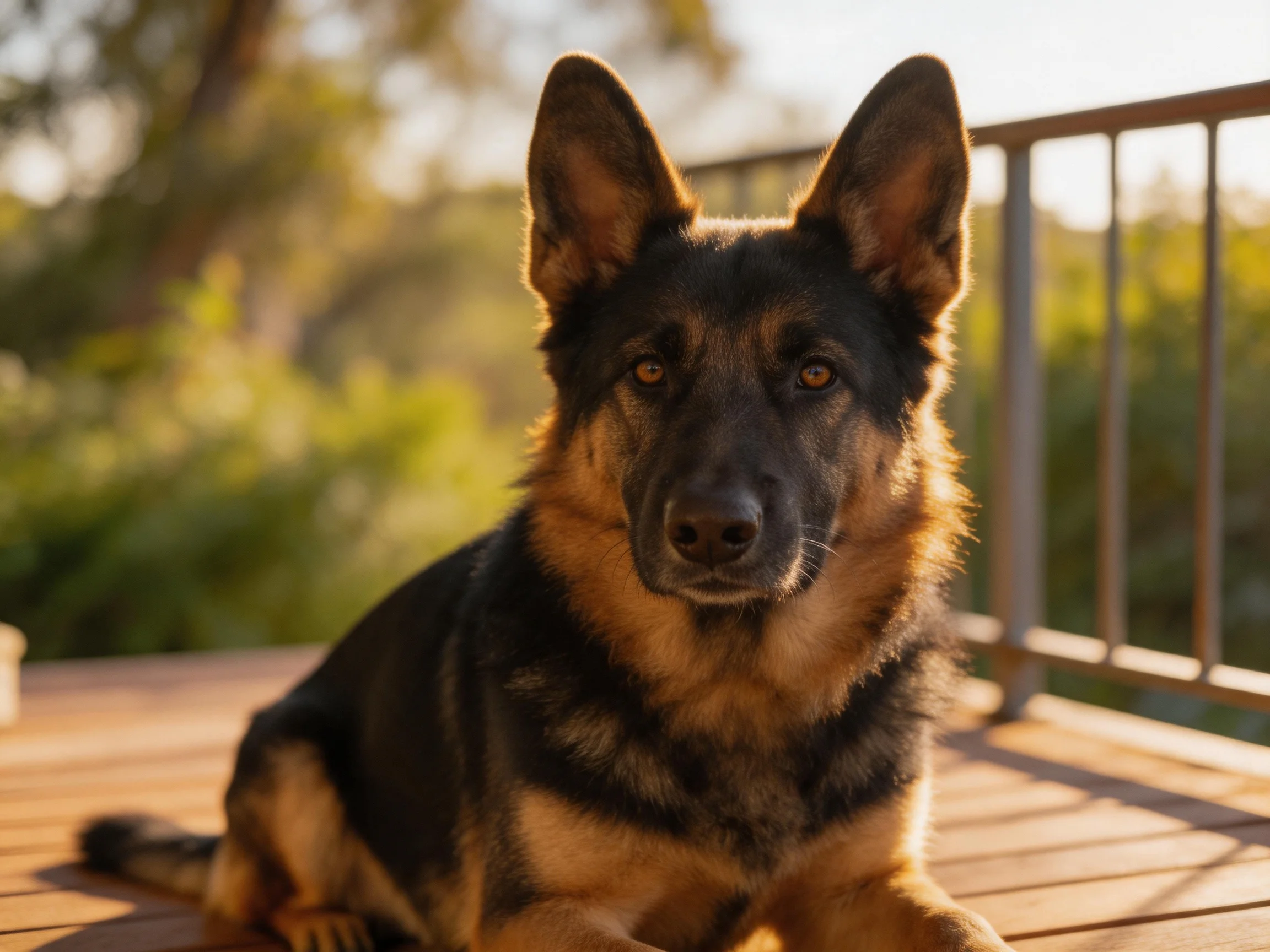 A German Shepherd sits calmly on a sunlit wooden deck outdoors.