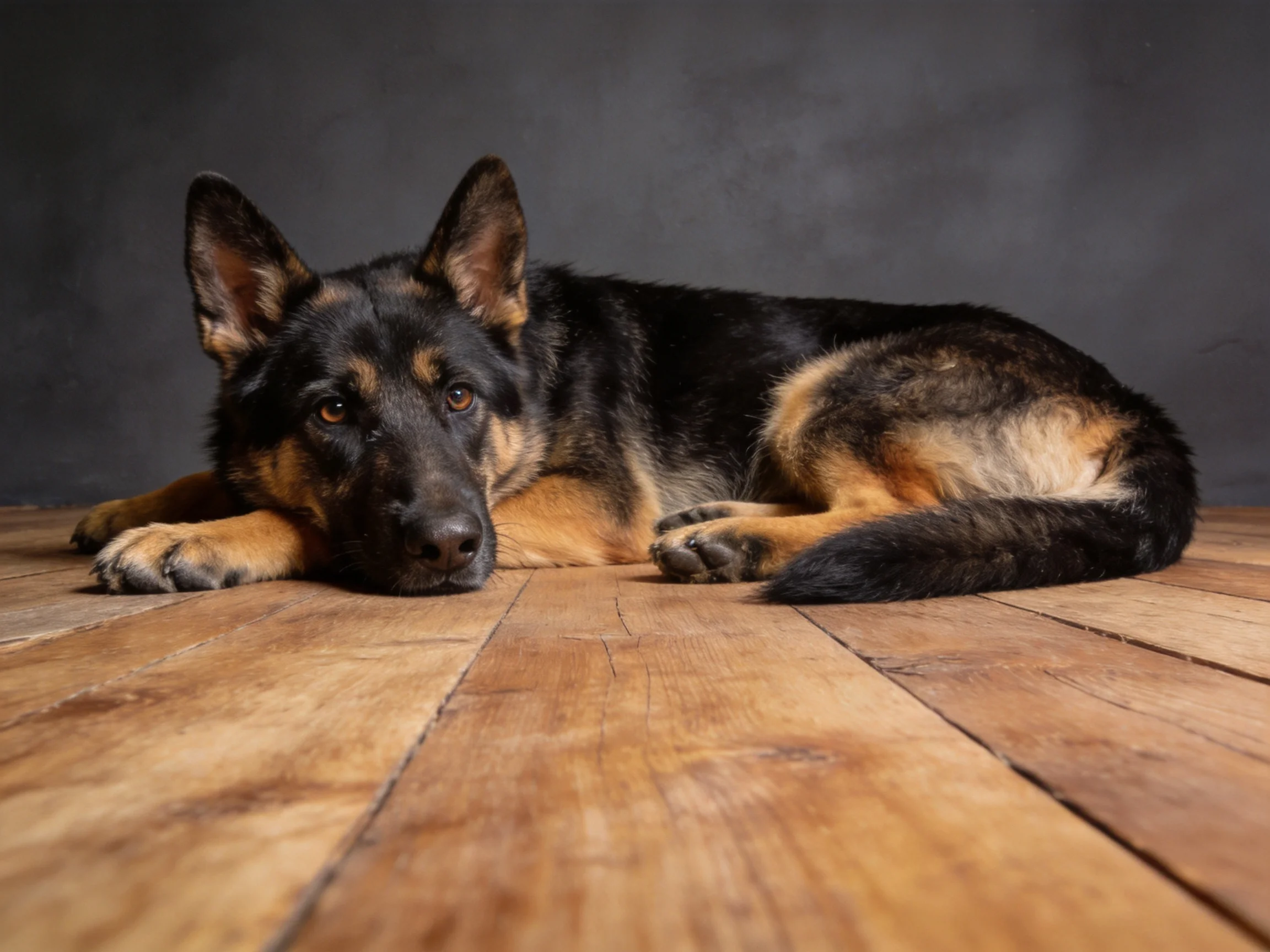 A German Shepherd lies calmly on a wooden floor.