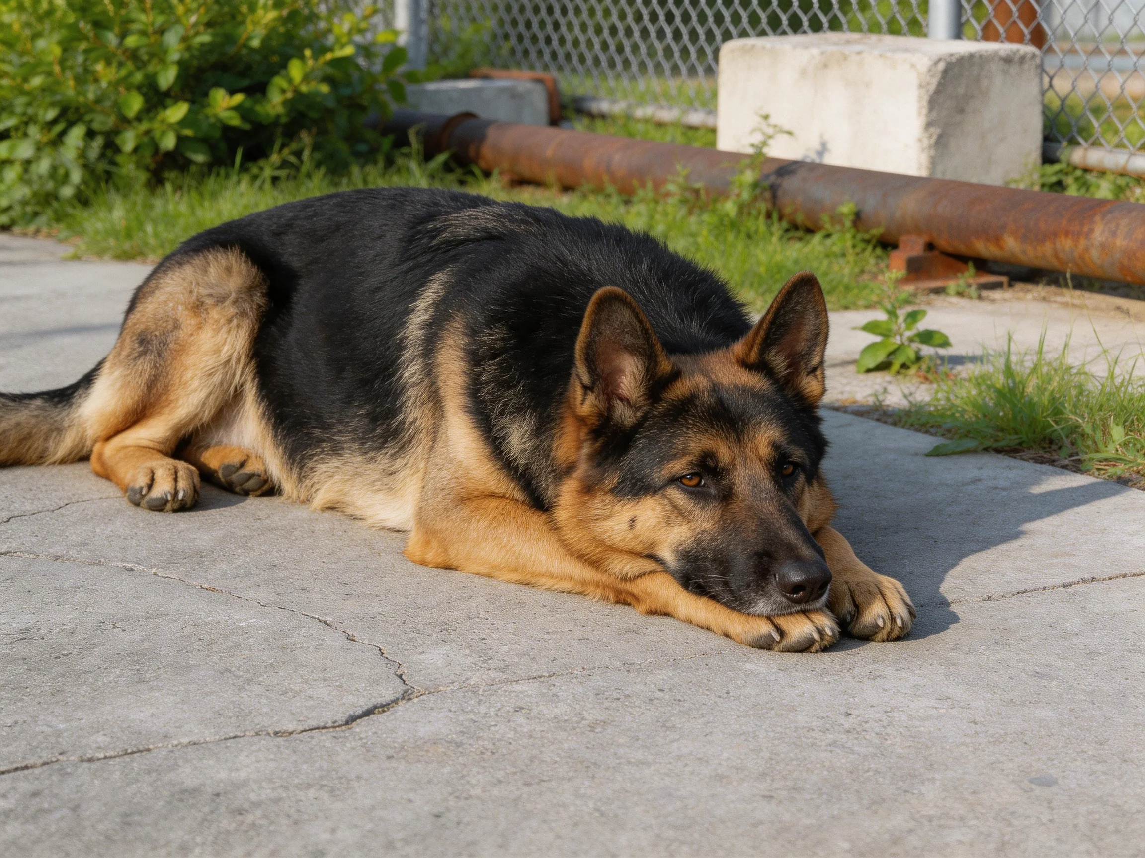 A German Shepherd relaxes on concrete near industrial elements.