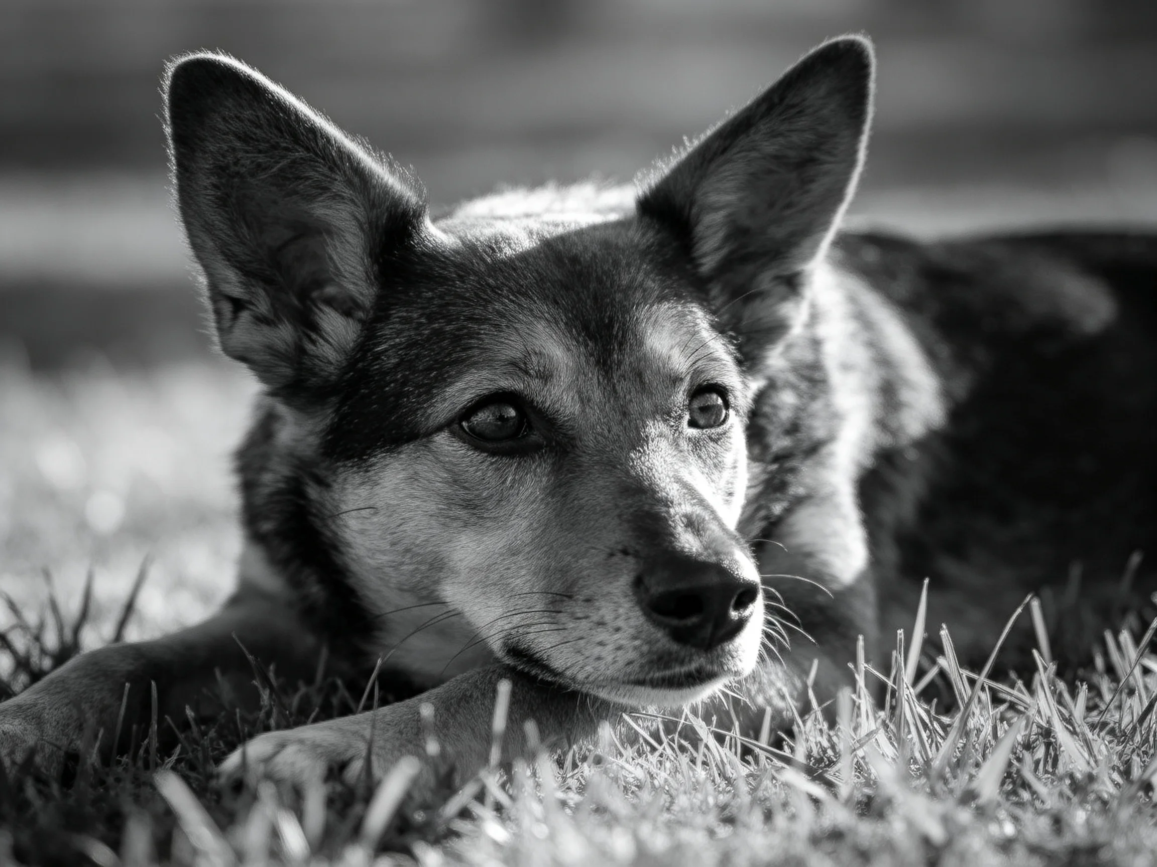 A German Shepherd lies calmly on grass in a black and white photographicscene.