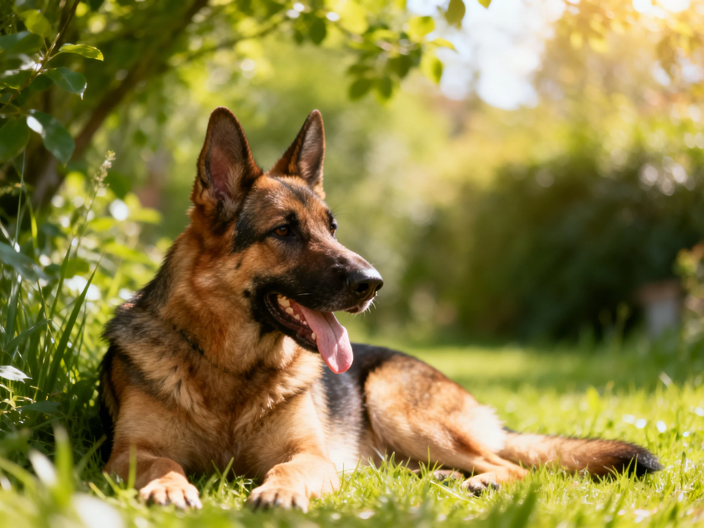 A German Shepherd relaxes on grass in a sunlit garden.