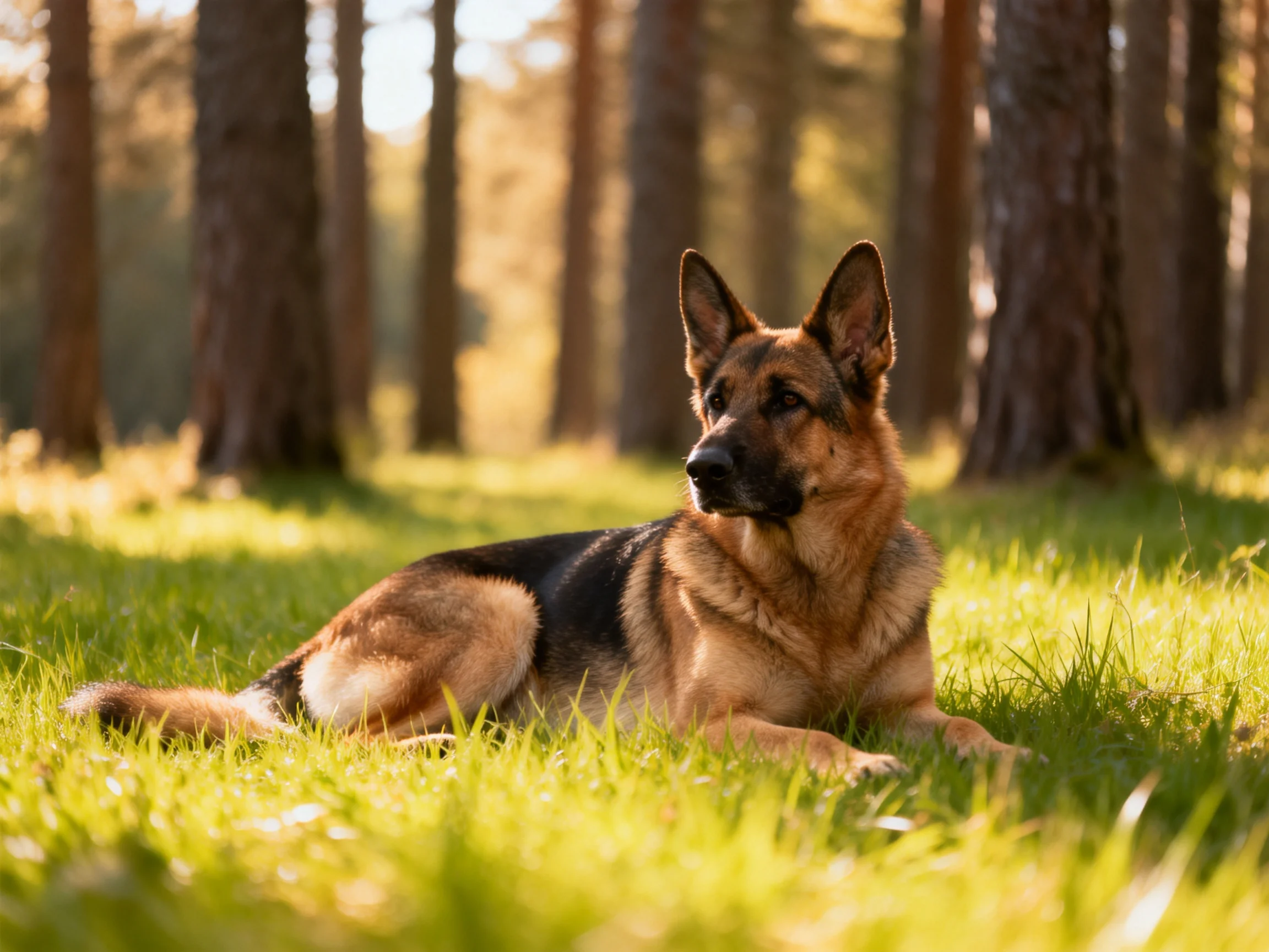 A German Shepherd lies calmly on grass in a sunlit forest.