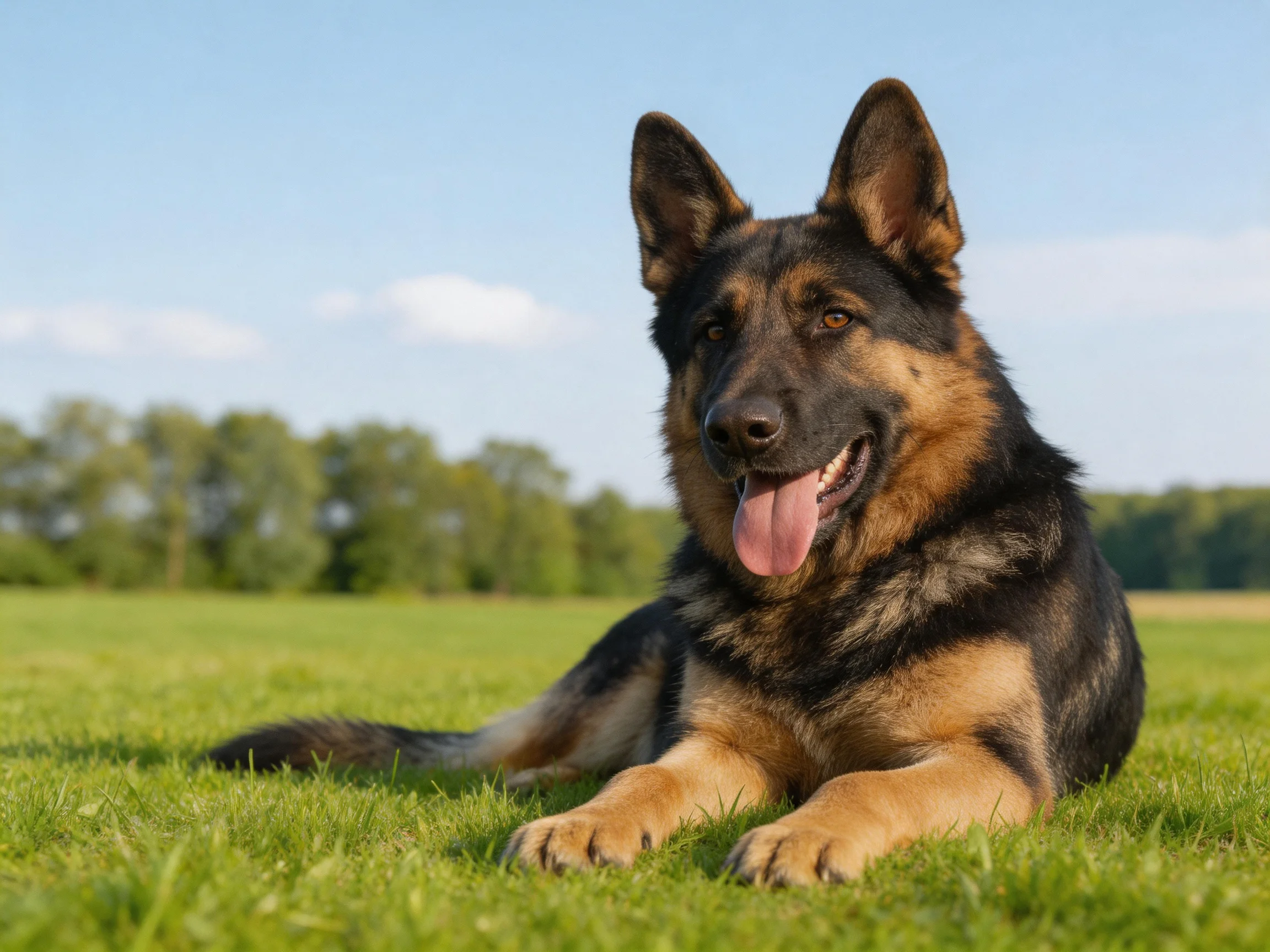 A German Shepherd relaxes in a sunlit grassy field.