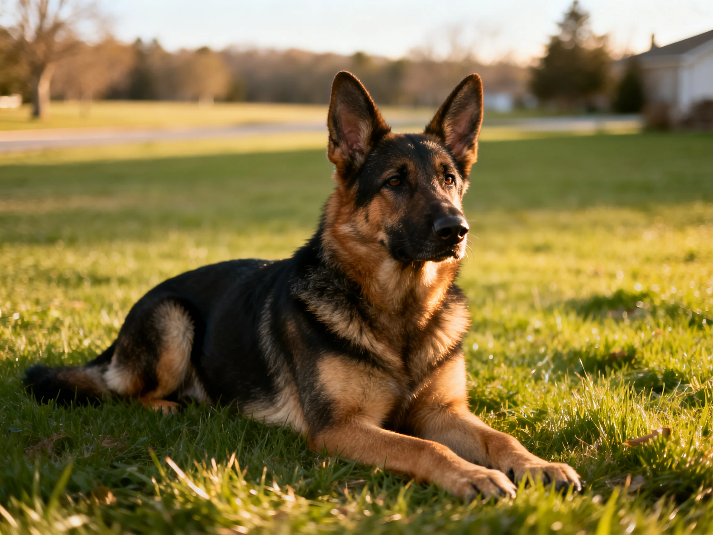 A German Shepherd relaxes on grass in a sunlit outdoor space.