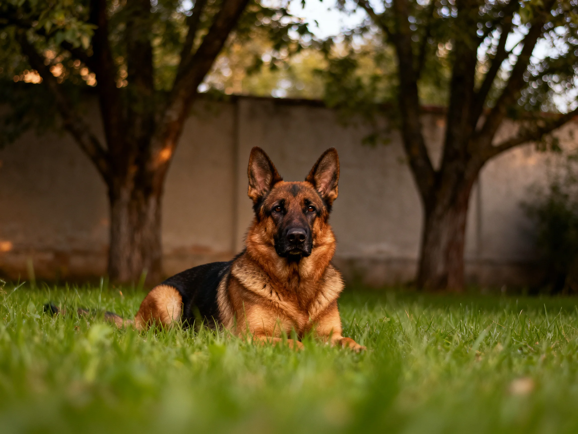 A German Shepherd lies calmly on green grass in a tree-filled outdoor space.