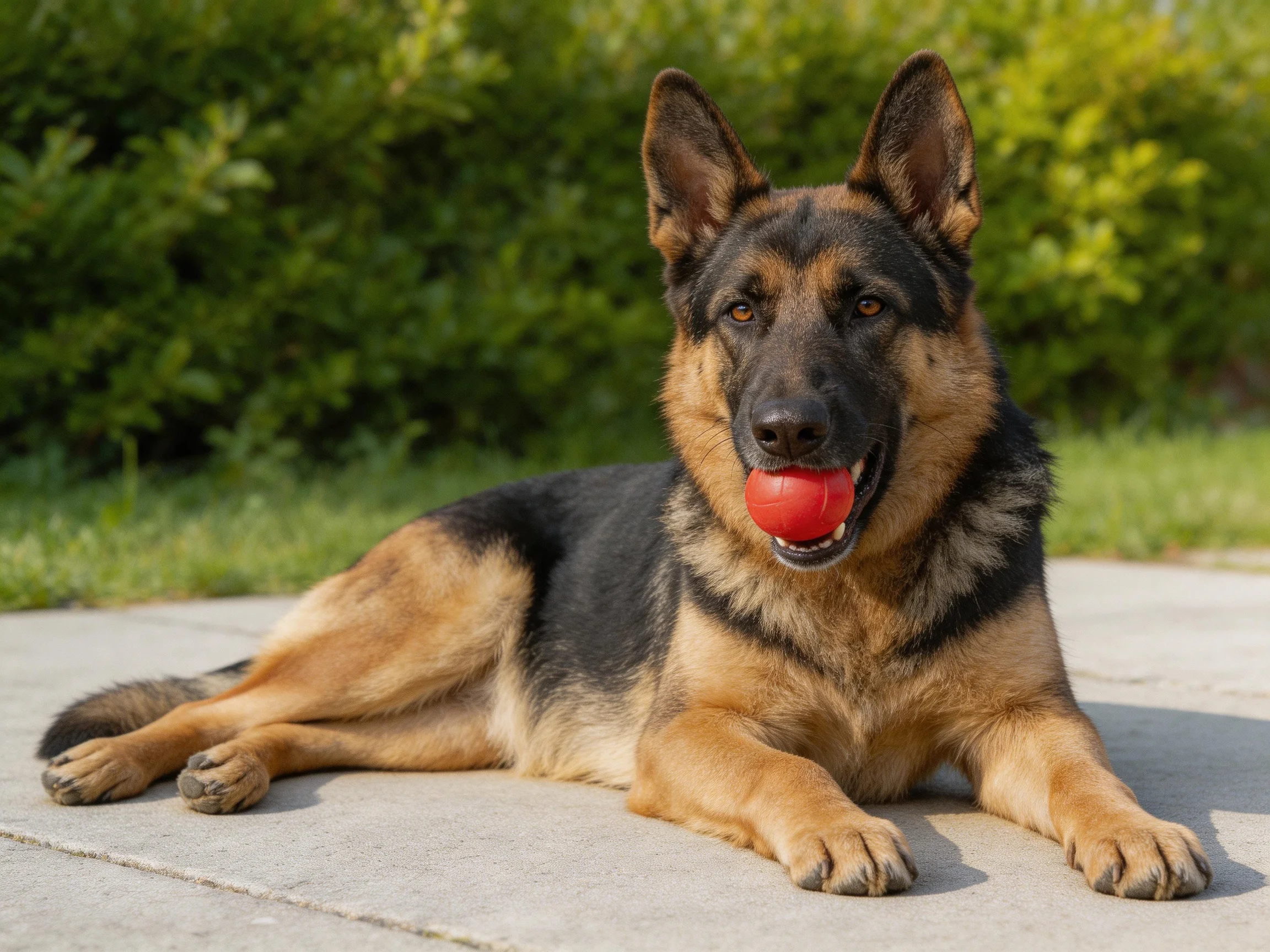 A German Shepherd rests on pavement with a red ball
