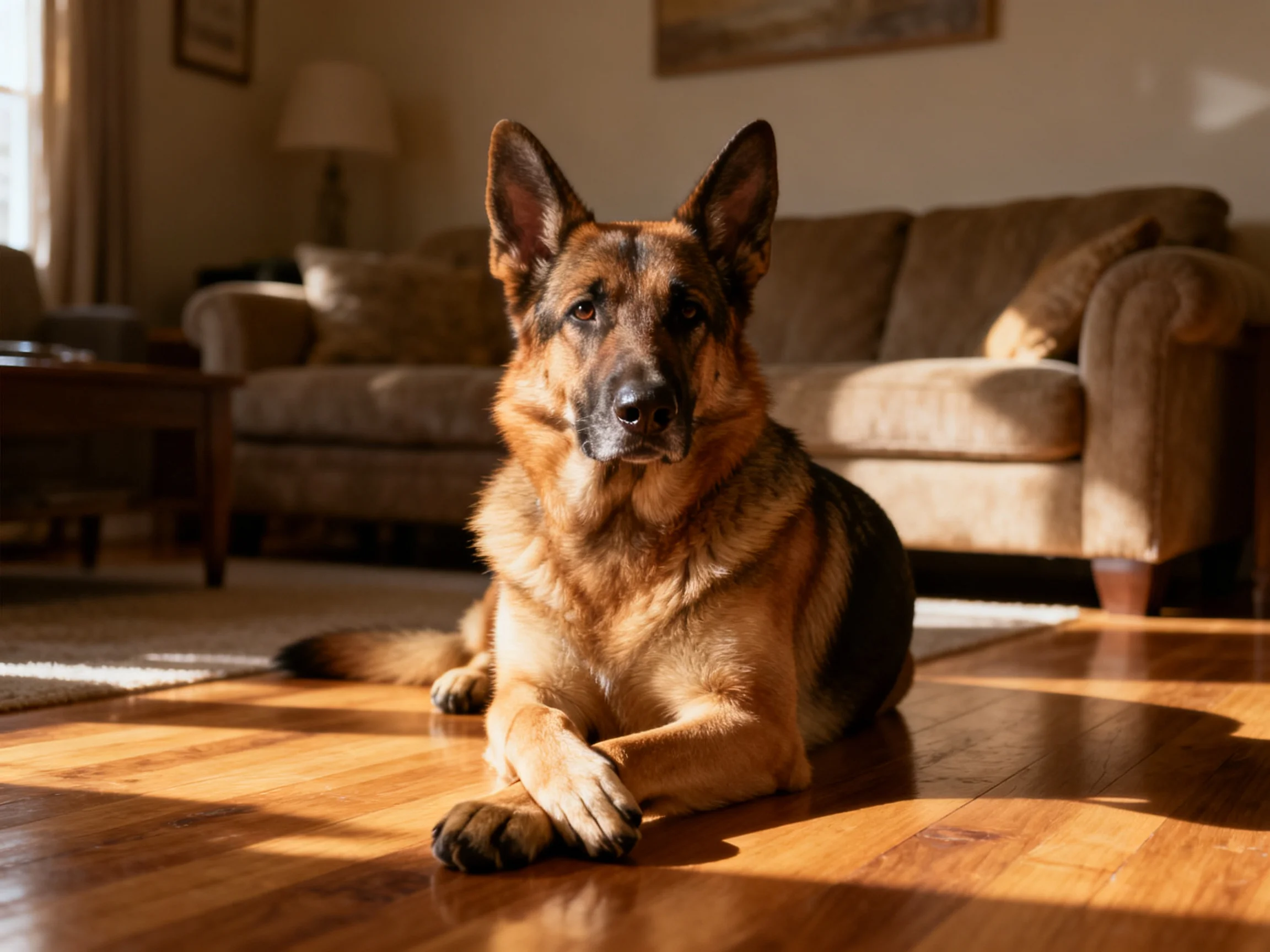 A German Shepherd rests on polished wooden floors in a cozy living room