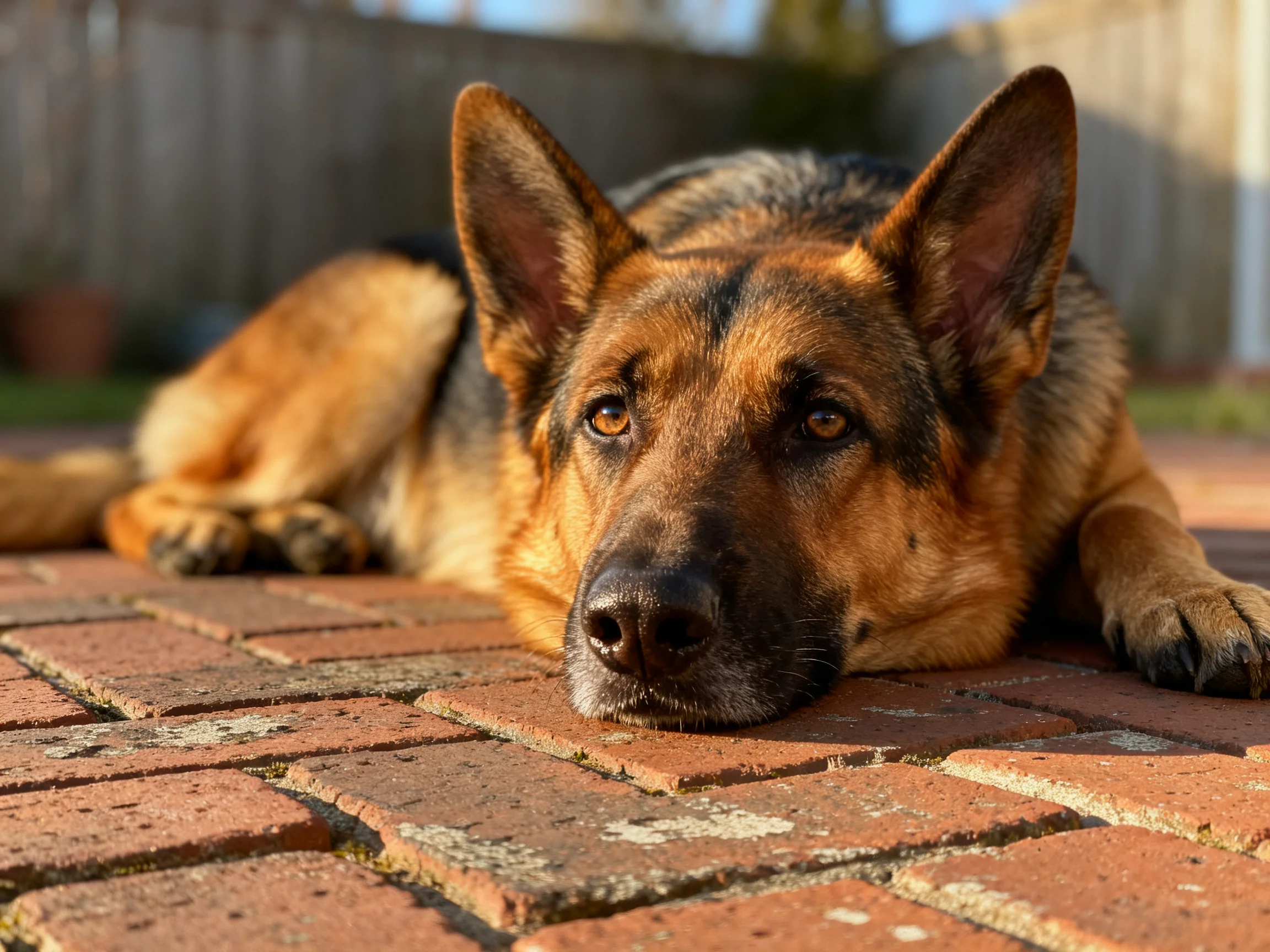 A German Shepherd relaxes on brick pavement in bright sunlight.