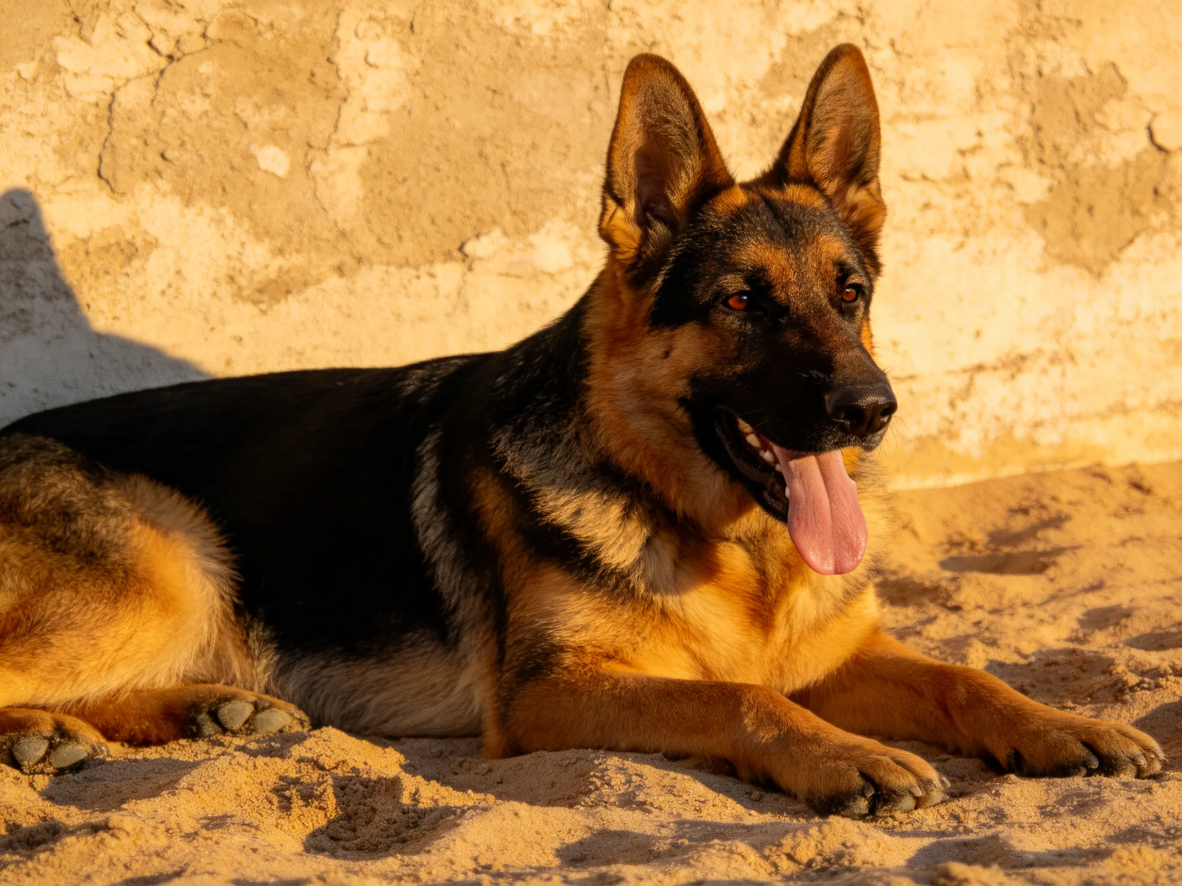 A German Shepherd relaxes on sand next to an aged stone wall
