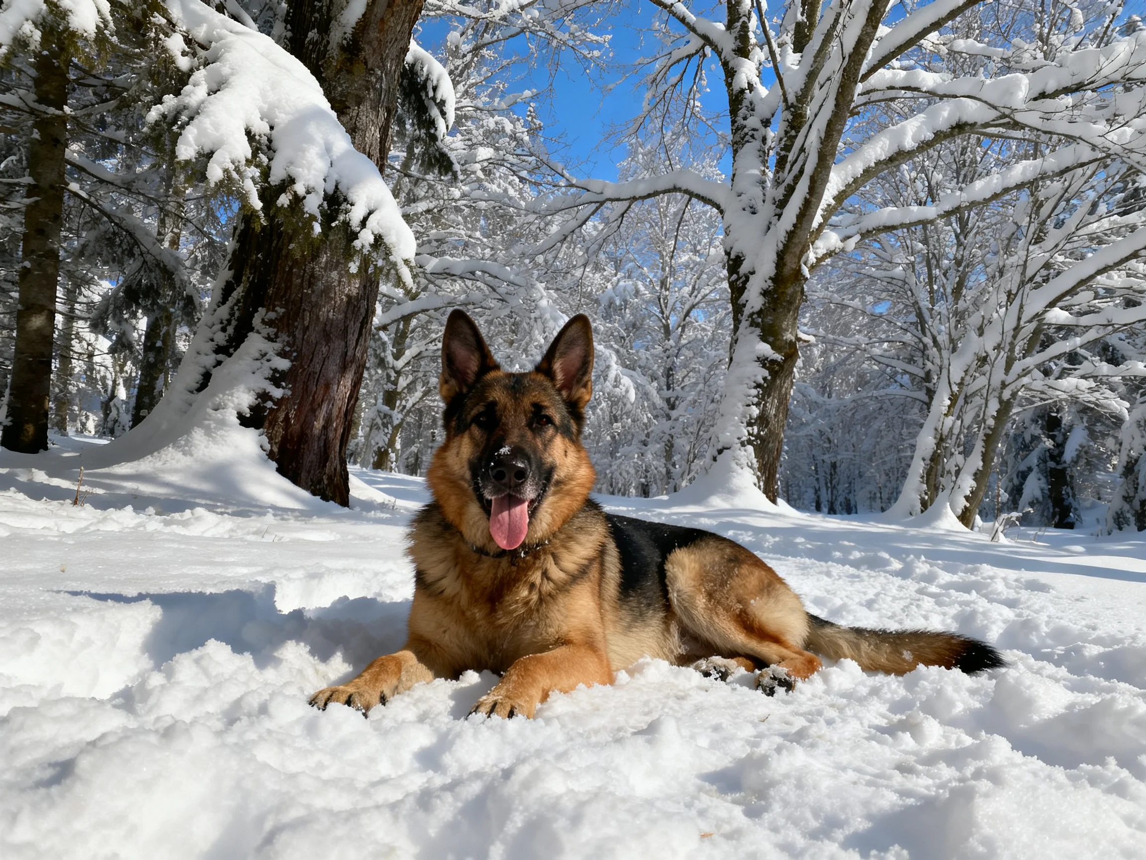 A German Shepherd rests on snow in a snow-laden forest