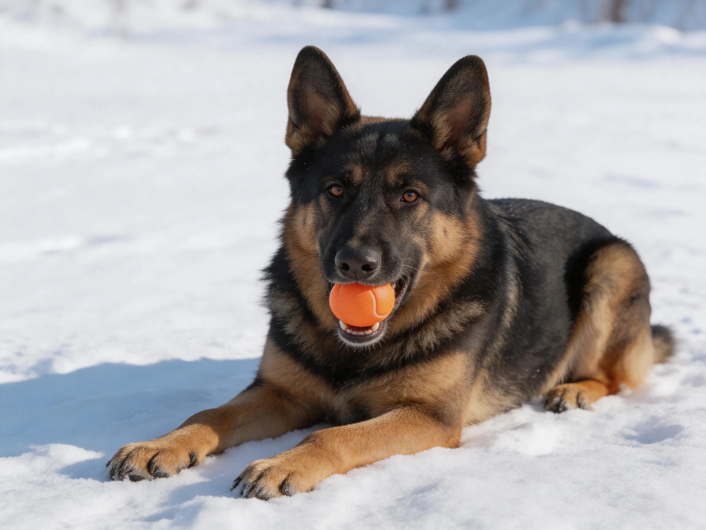 A German Shepherd holds an orange ball while lying on snow.