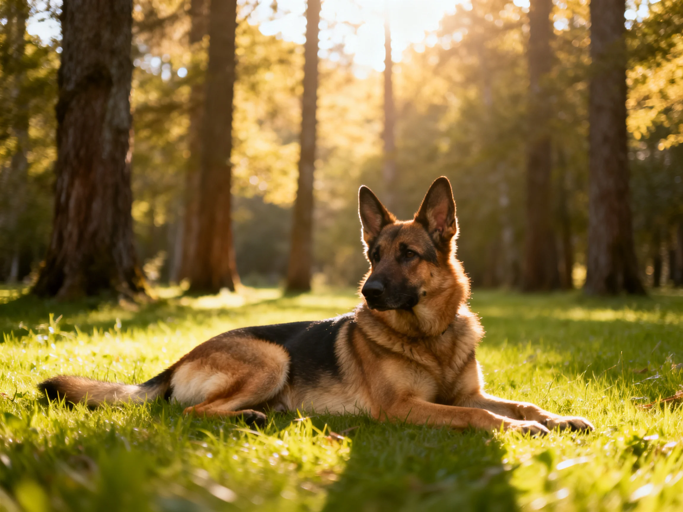 A German Shepherd rests on sun-dappled grass amid tall forest trees